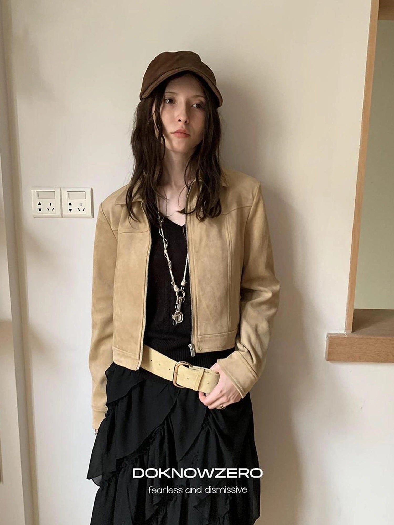 DKZ OFFICIAL Vintage Khaki Short Suede Jacket For Women