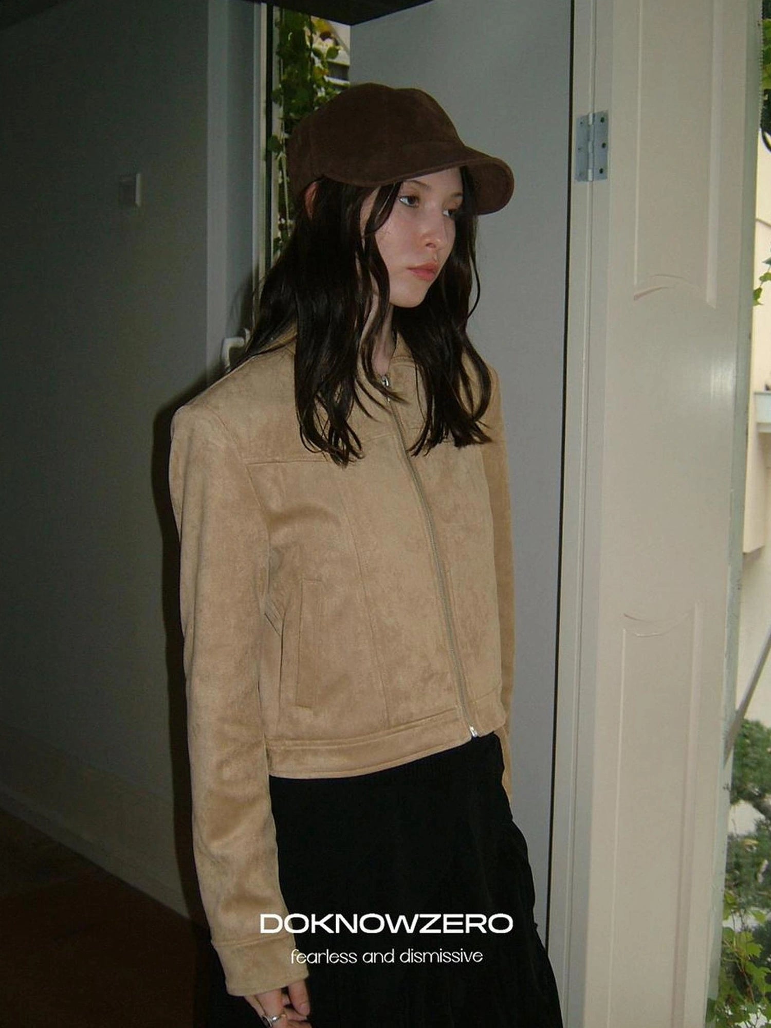 DKZ OFFICIAL Vintage Khaki Short Suede Jacket For Women
