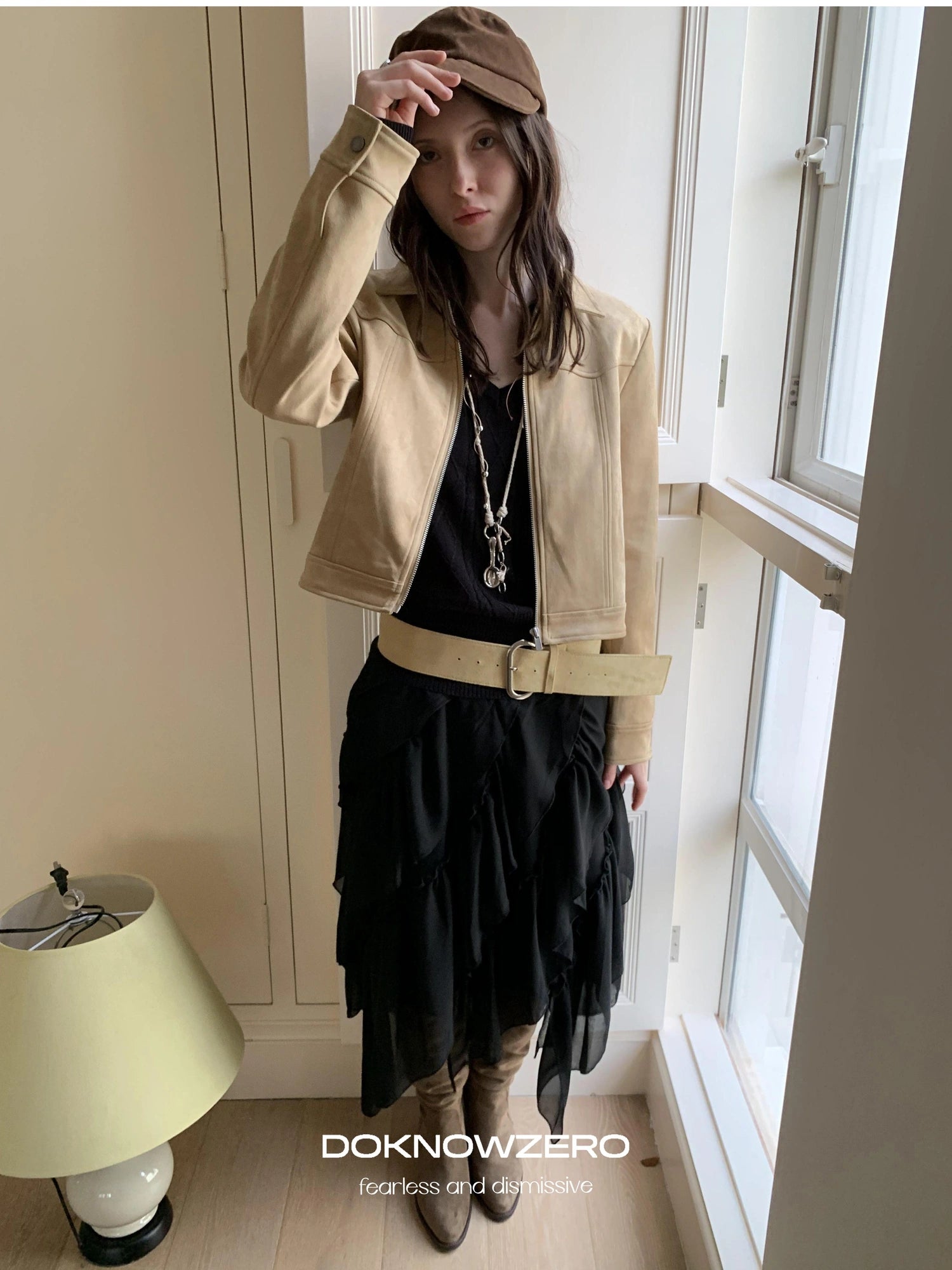 DKZ OFFICIAL Vintage Khaki Short Suede Jacket For Women