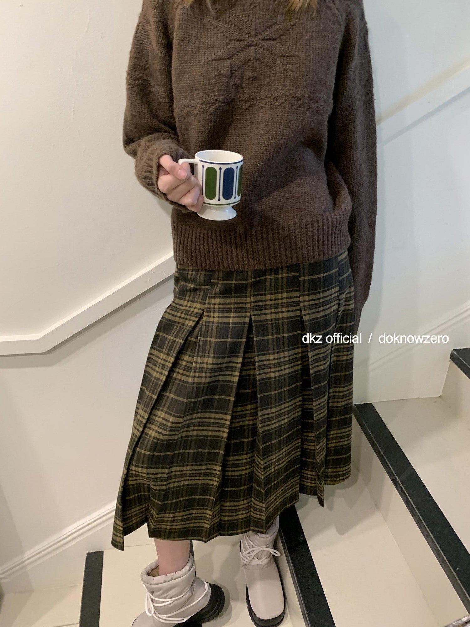 DKZ OFFICIAL Vintage Plaid A Line Midi Mid Waist Women&