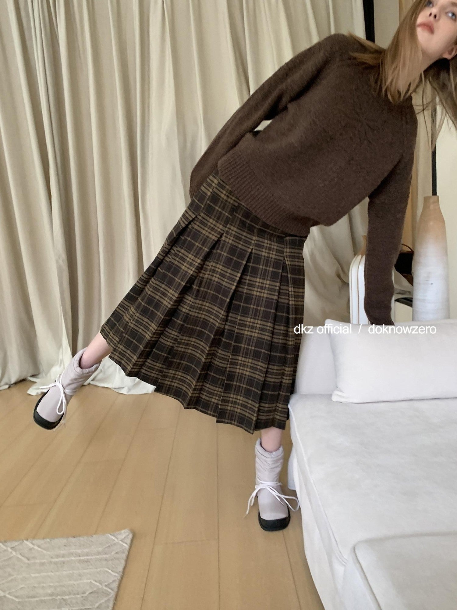 DKZ OFFICIAL Vintage Plaid A Line Midi Mid Waist Women&