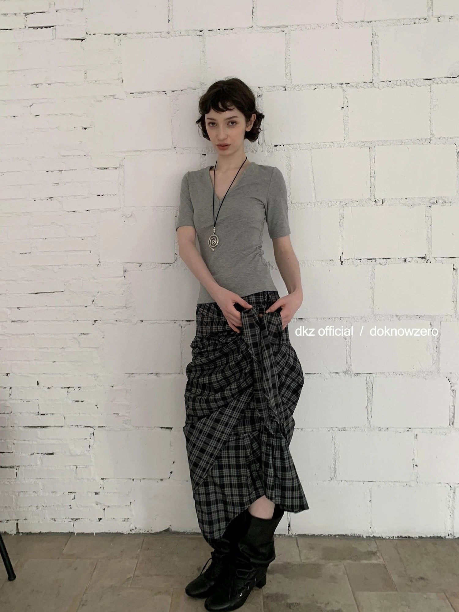 DKZ OFFICIAL Vintage Plaid Midi Skirt With Asymmetric Pleats