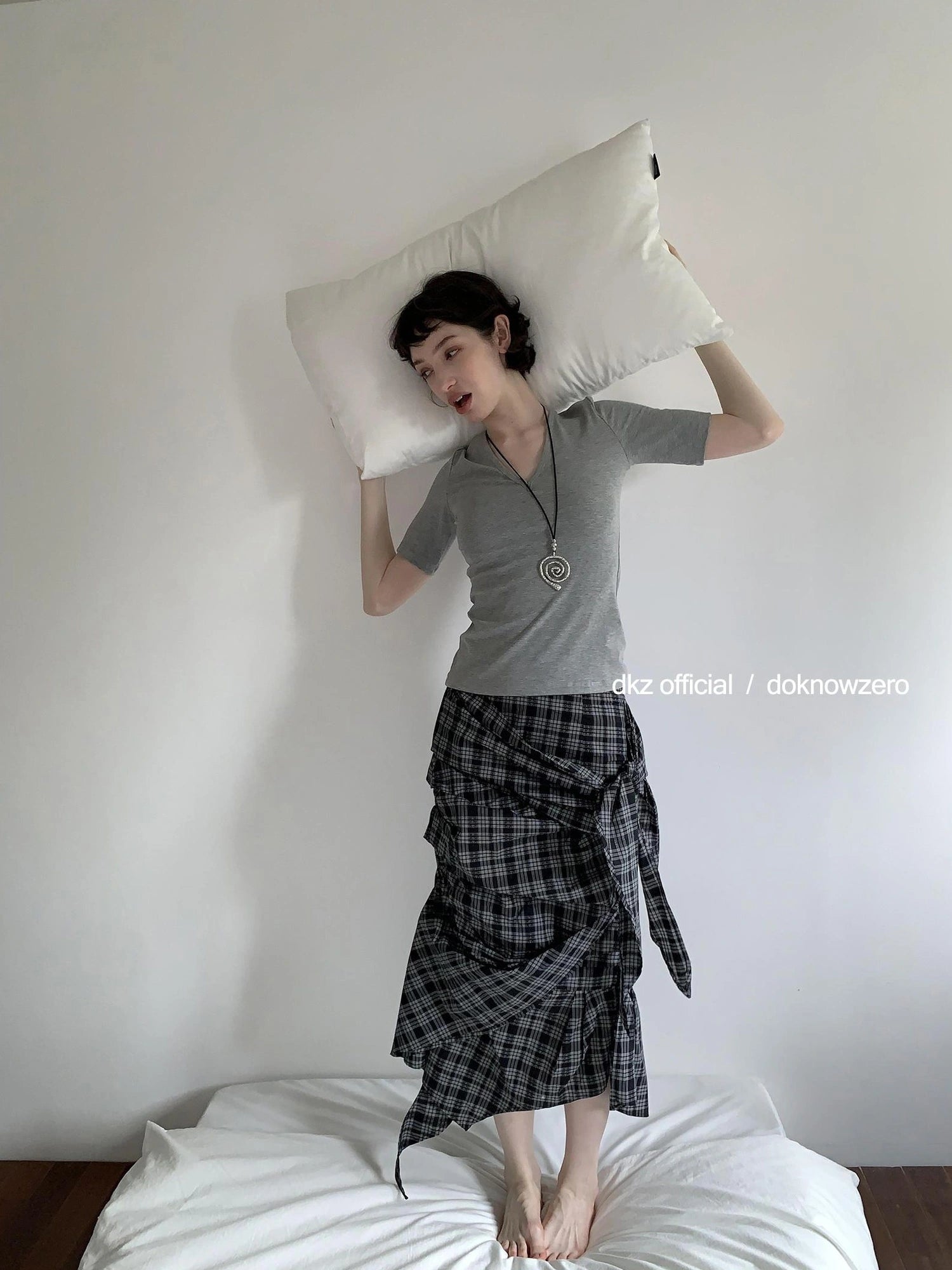 DKZ OFFICIAL Vintage Plaid Midi Skirt With Asymmetric Pleats