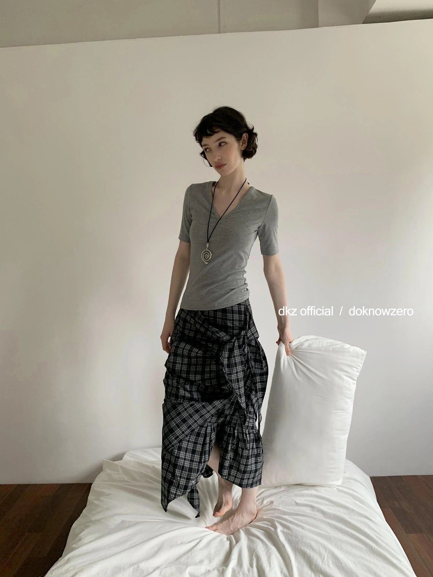 DKZ OFFICIAL Vintage Plaid Midi Skirt With Asymmetric Pleats