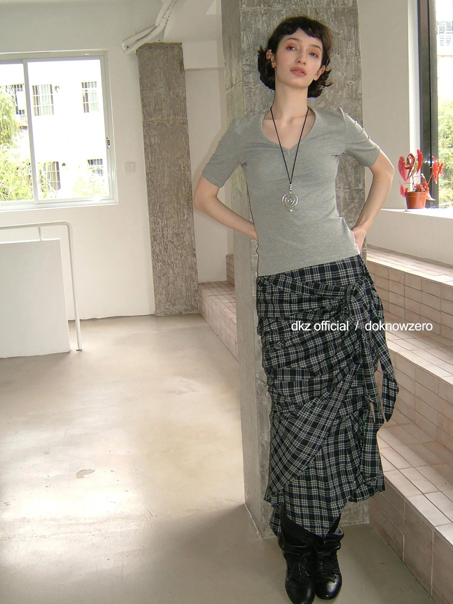 DKZ OFFICIAL Vintage Plaid Midi Skirt With Asymmetric Pleats