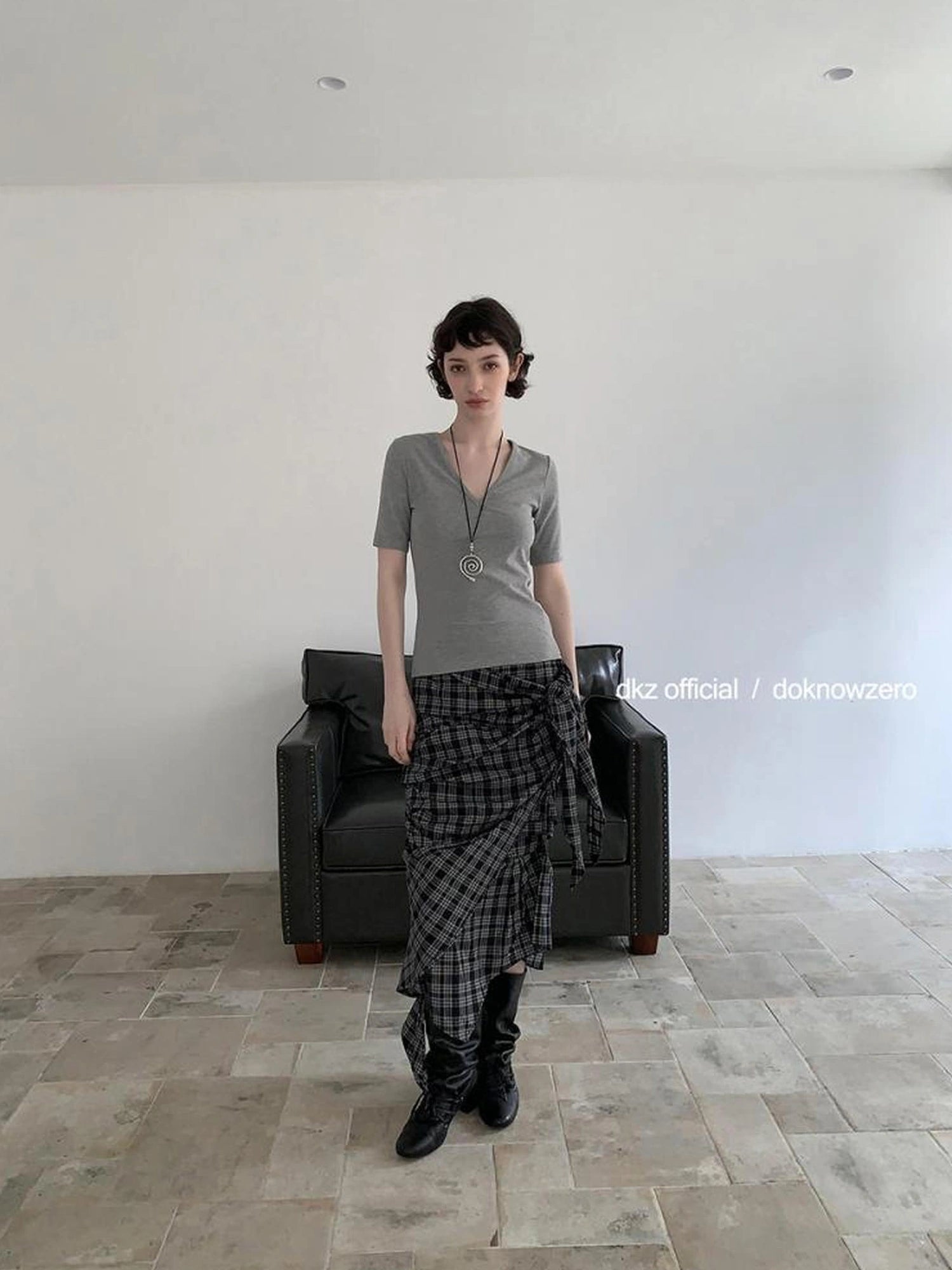 DKZ OFFICIAL Vintage Plaid Midi Skirt With Asymmetric Pleats