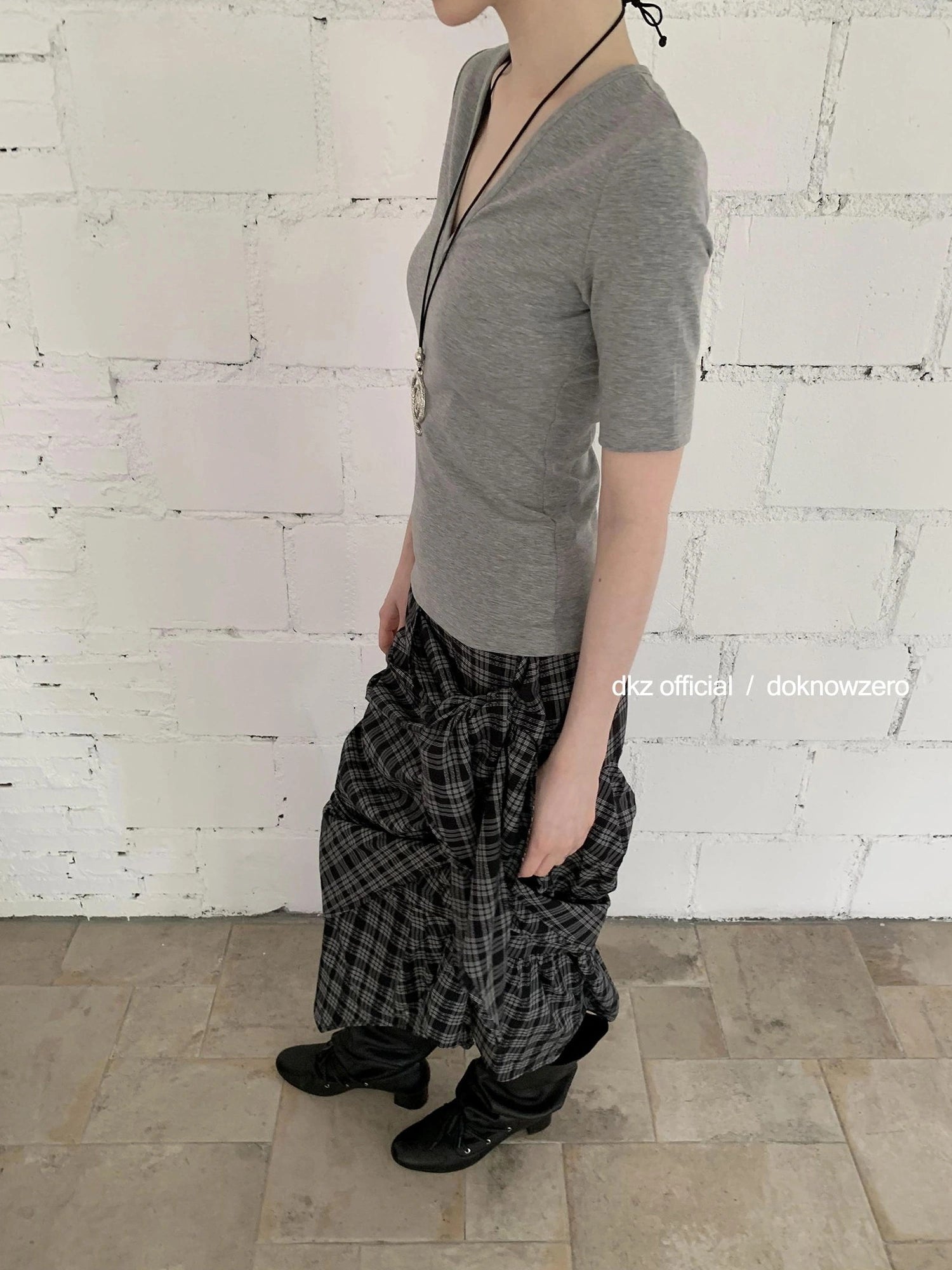 DKZ OFFICIAL Vintage Plaid Midi Skirt With Asymmetric Pleats