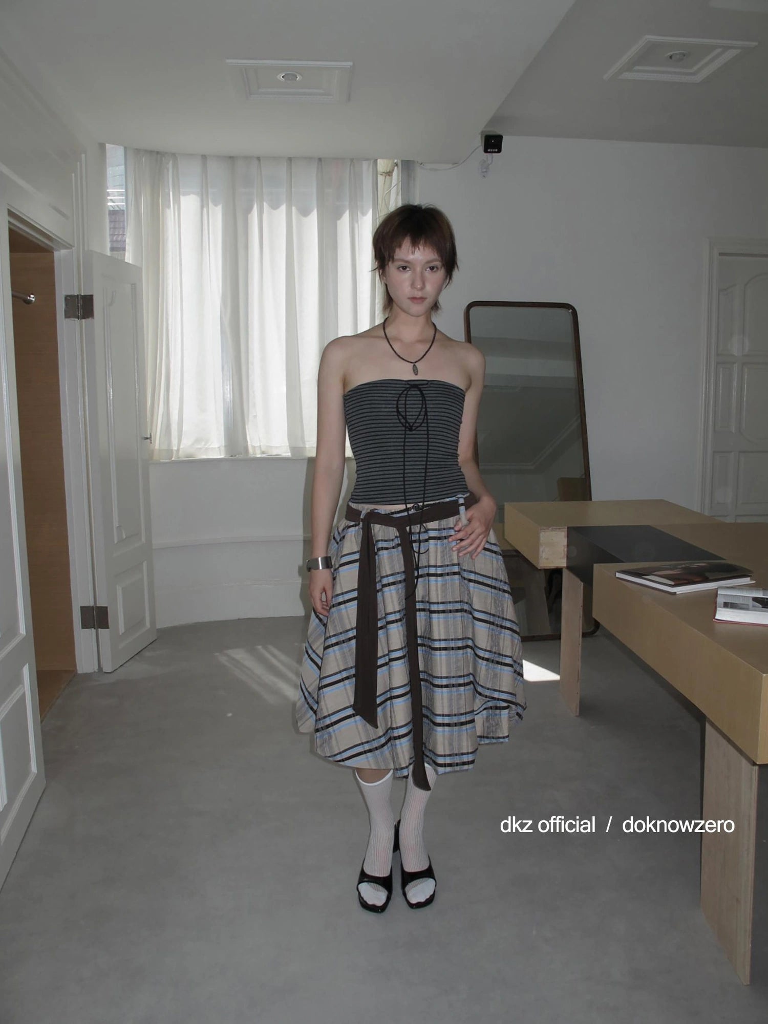 DKZ OFFICIAL Vintage Plaid Tie Waist A Line Skirt