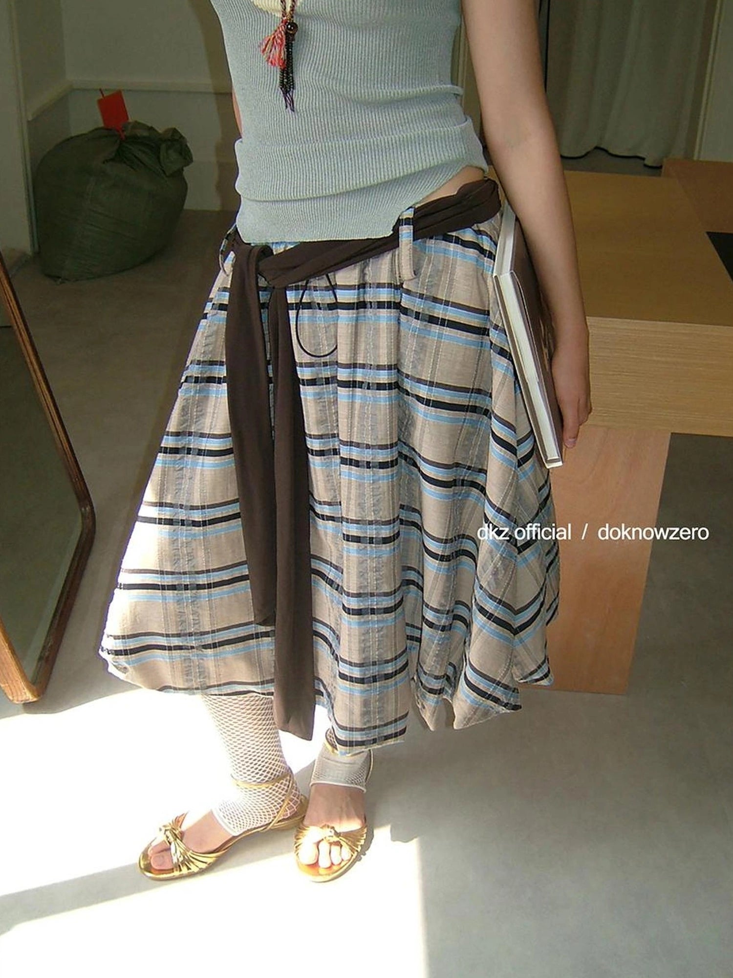 DKZ OFFICIAL Vintage Plaid Tie Waist A Line Skirt
