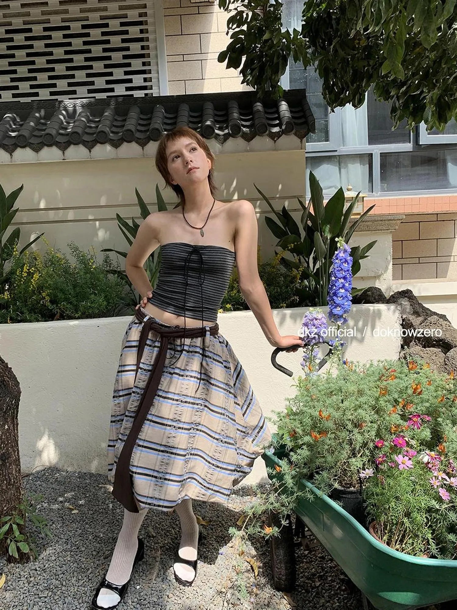 DKZ OFFICIAL Vintage Plaid Tie Waist A Line Skirt