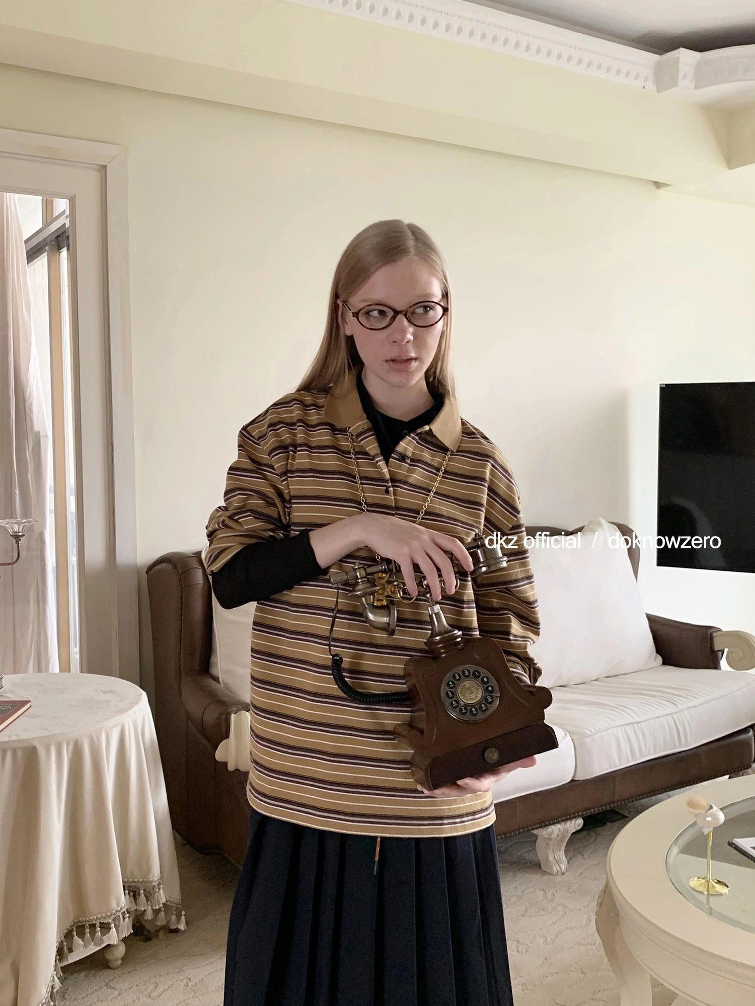 DKZ OFFICIAL Vintage Polo Collar Long Sleeve T-shirt For Women Relaxed Fit