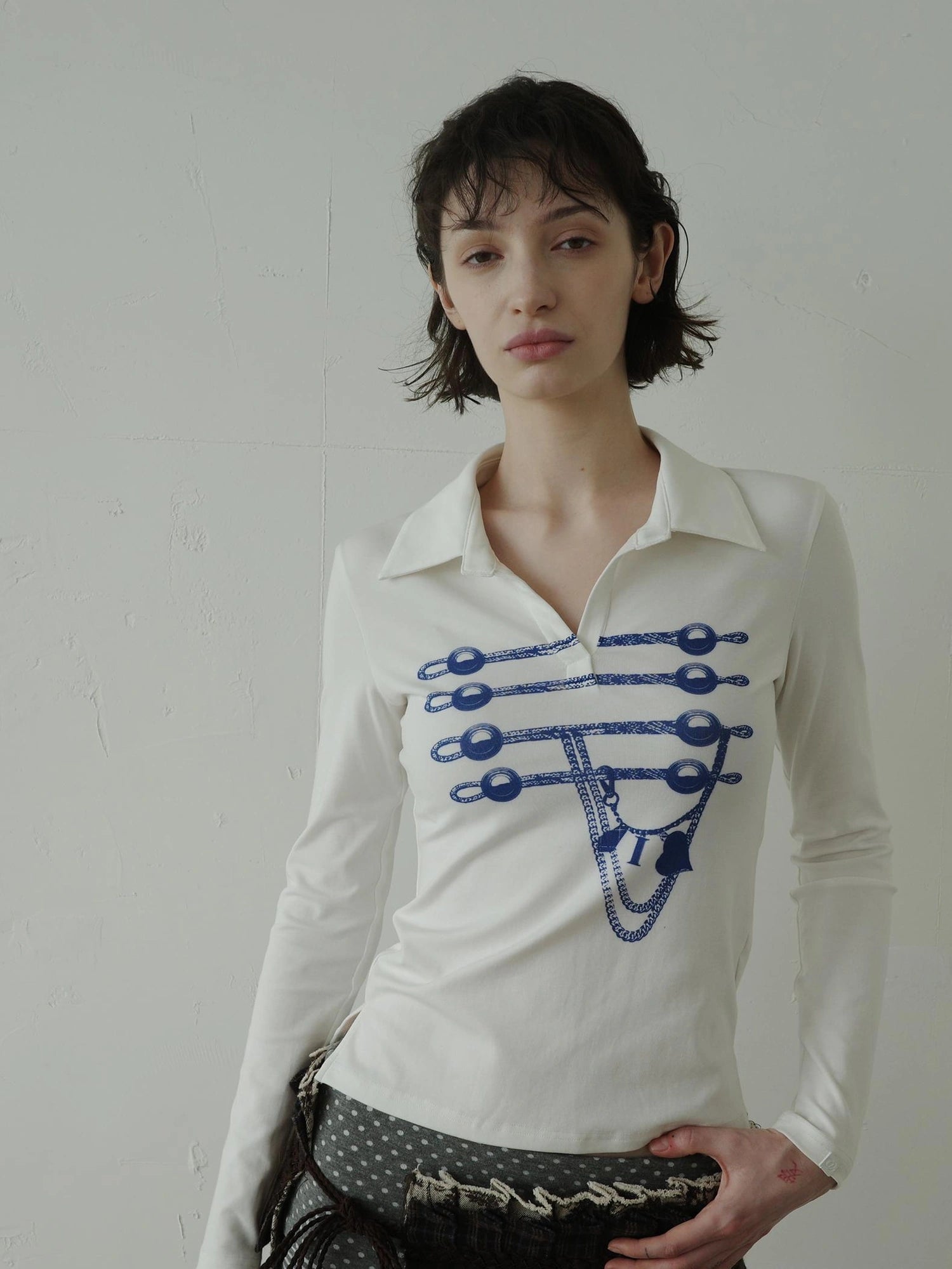 DKZ OFFICIAL Vintage Print Sailor Collar Long Sleeve Tee