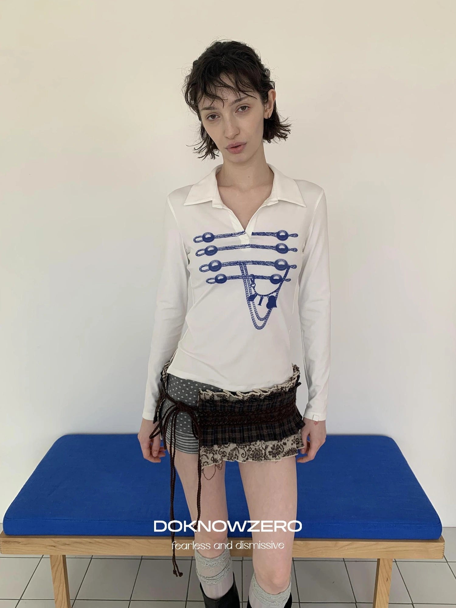 DKZ OFFICIAL Vintage Print Sailor Collar Long Sleeve Tee