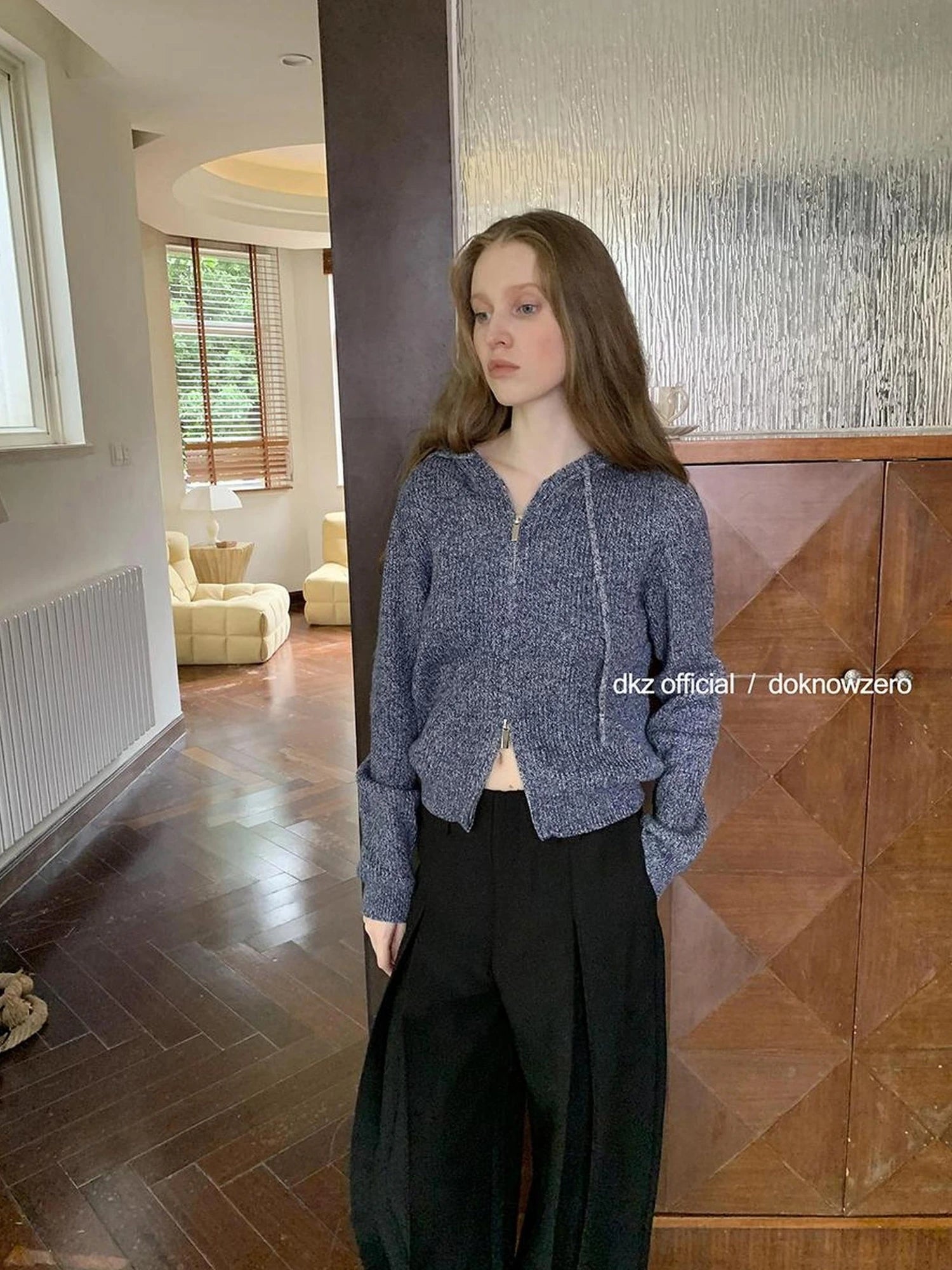 DKZ OFFICIAL Vintage Speckled Blue Hooded Cardigan