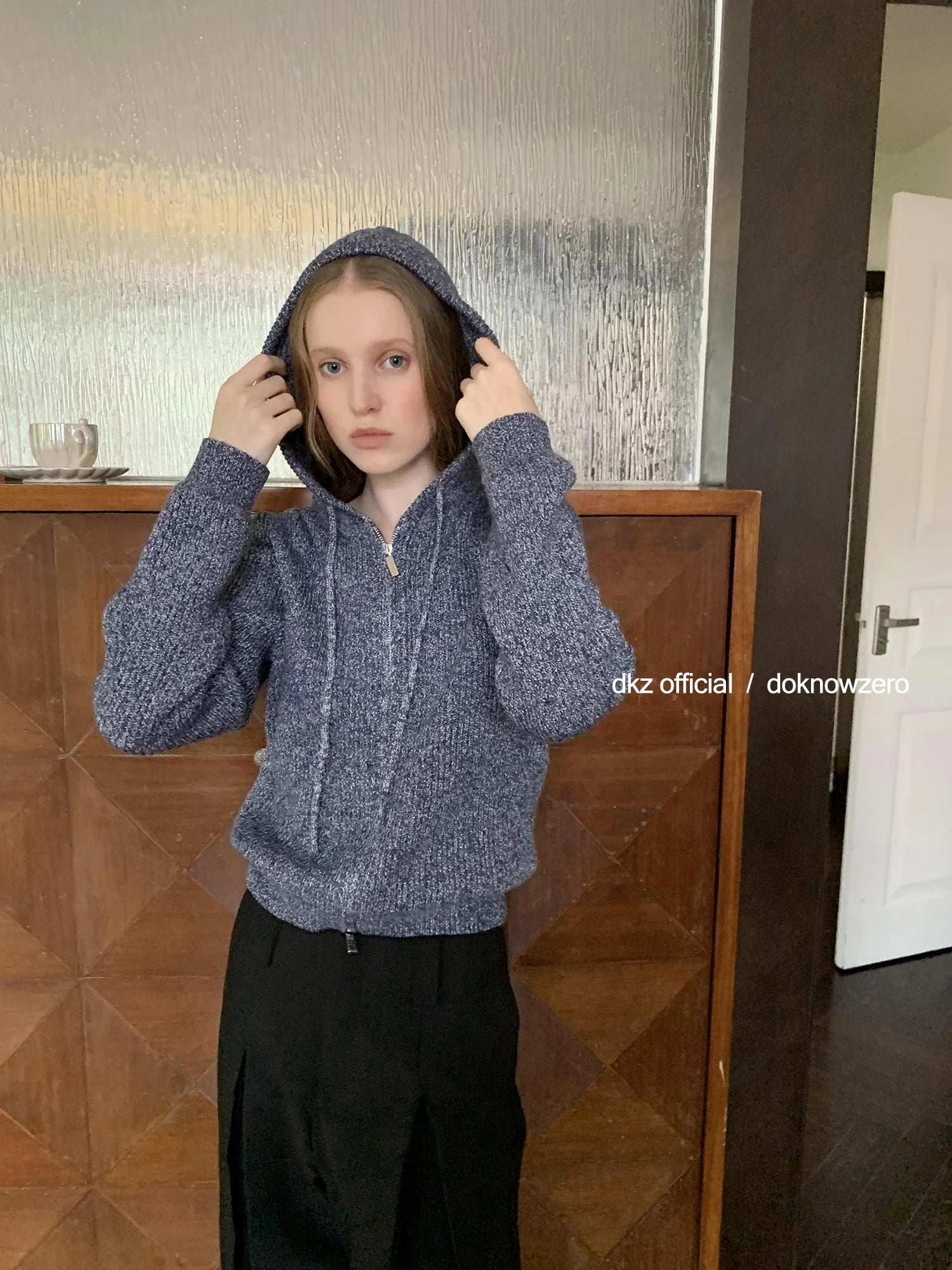 DKZ OFFICIAL Vintage Speckled Blue Hooded Cardigan