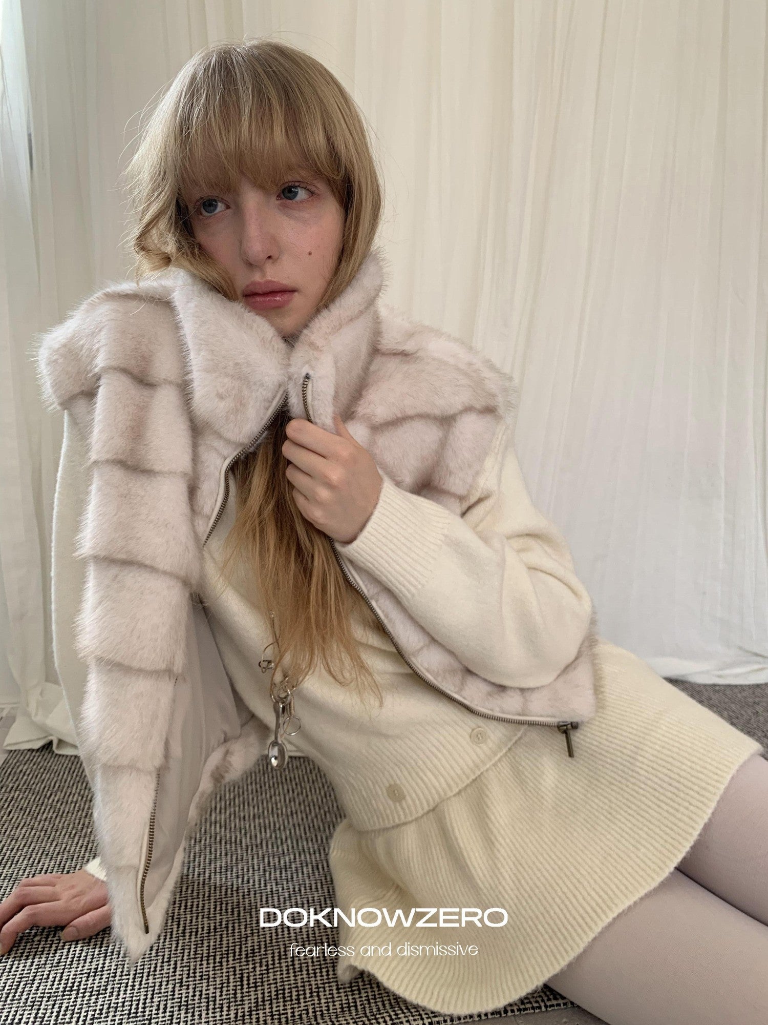 DKZ OFFICIAL Vintage Stand Collar Zipper Horizontal Faux Mink Women&