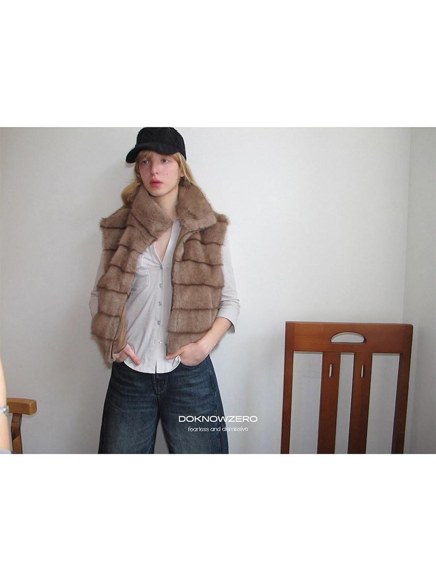 DKZ OFFICIAL Vintage Stand Collar Zipper Horizontal Faux Mink Women&