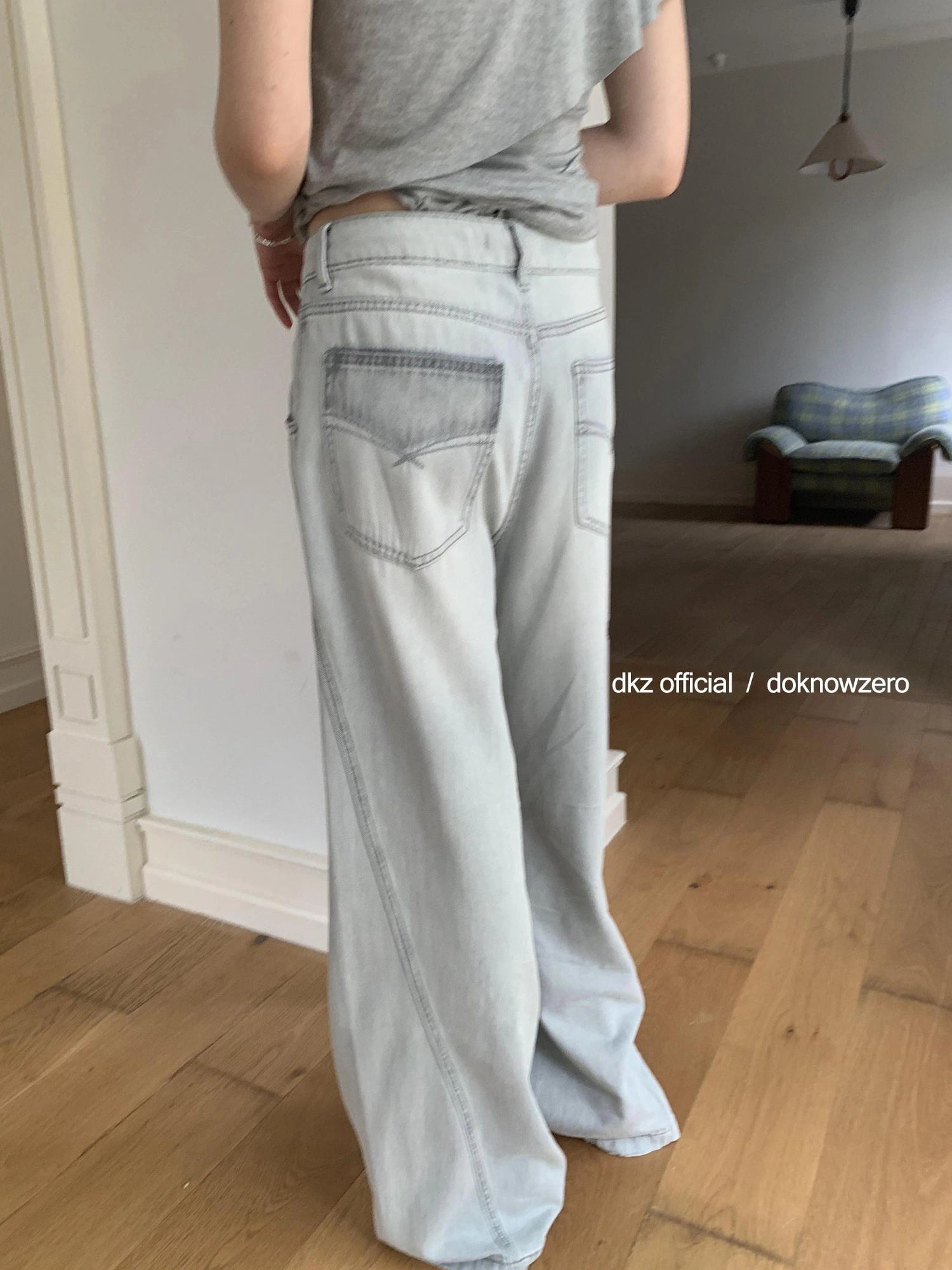 DKZ OFFICIAL Vintage Stonewash Grey Wide Leg Denim Trousers