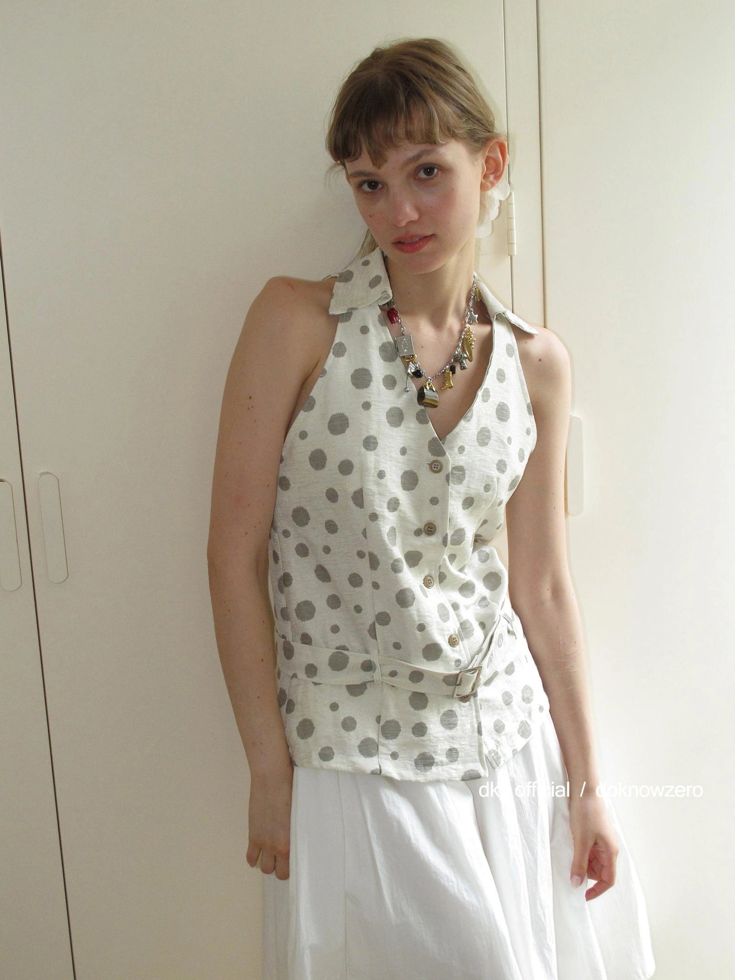 DKZ OFFICIAL Vintage Waist Tie Apricot Dot Sleeveless Blouse