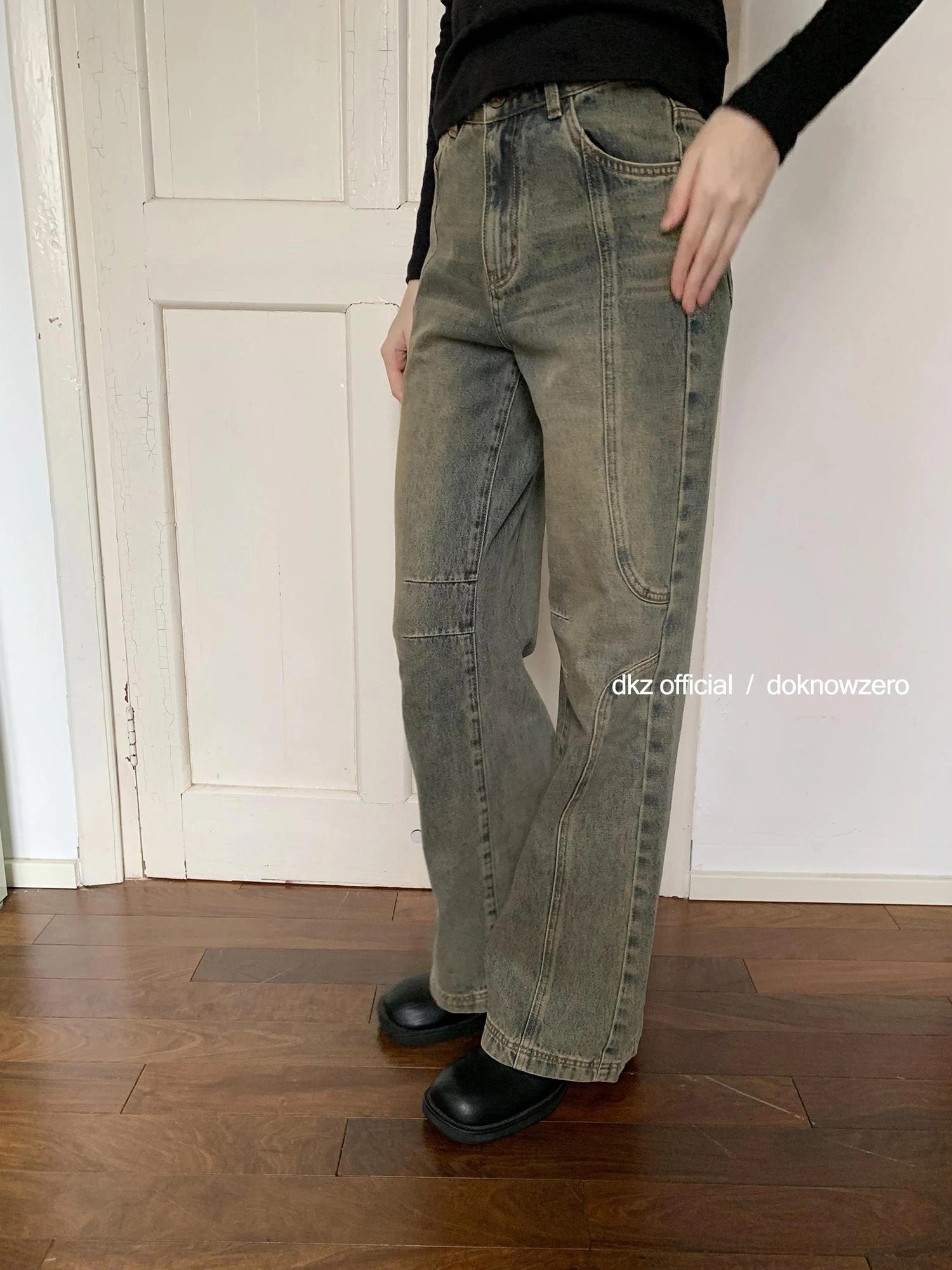 DKZ OFFICIAL Vintage Washed Blue Wide Leg Deconstructed Jeans