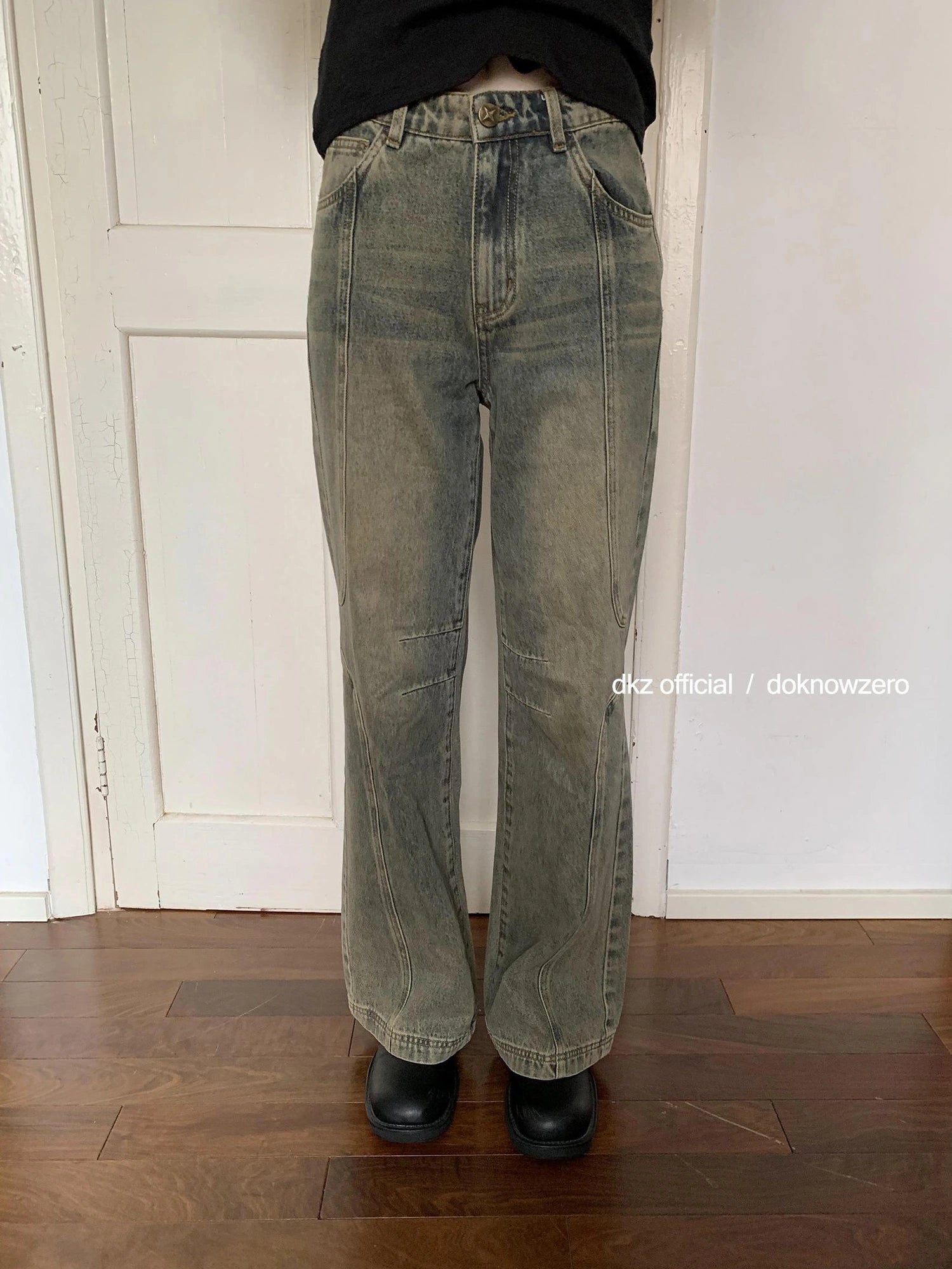 DKZ OFFICIAL Vintage Washed Blue Wide Leg Deconstructed Jeans