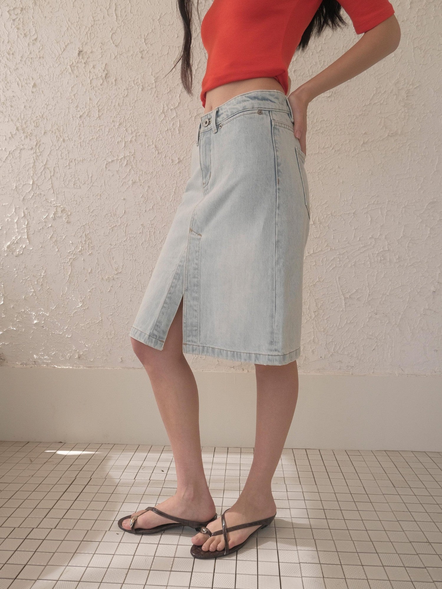 DKZ OFFICIAL Vintage Washed Denim Button Front Slit Straight Women&