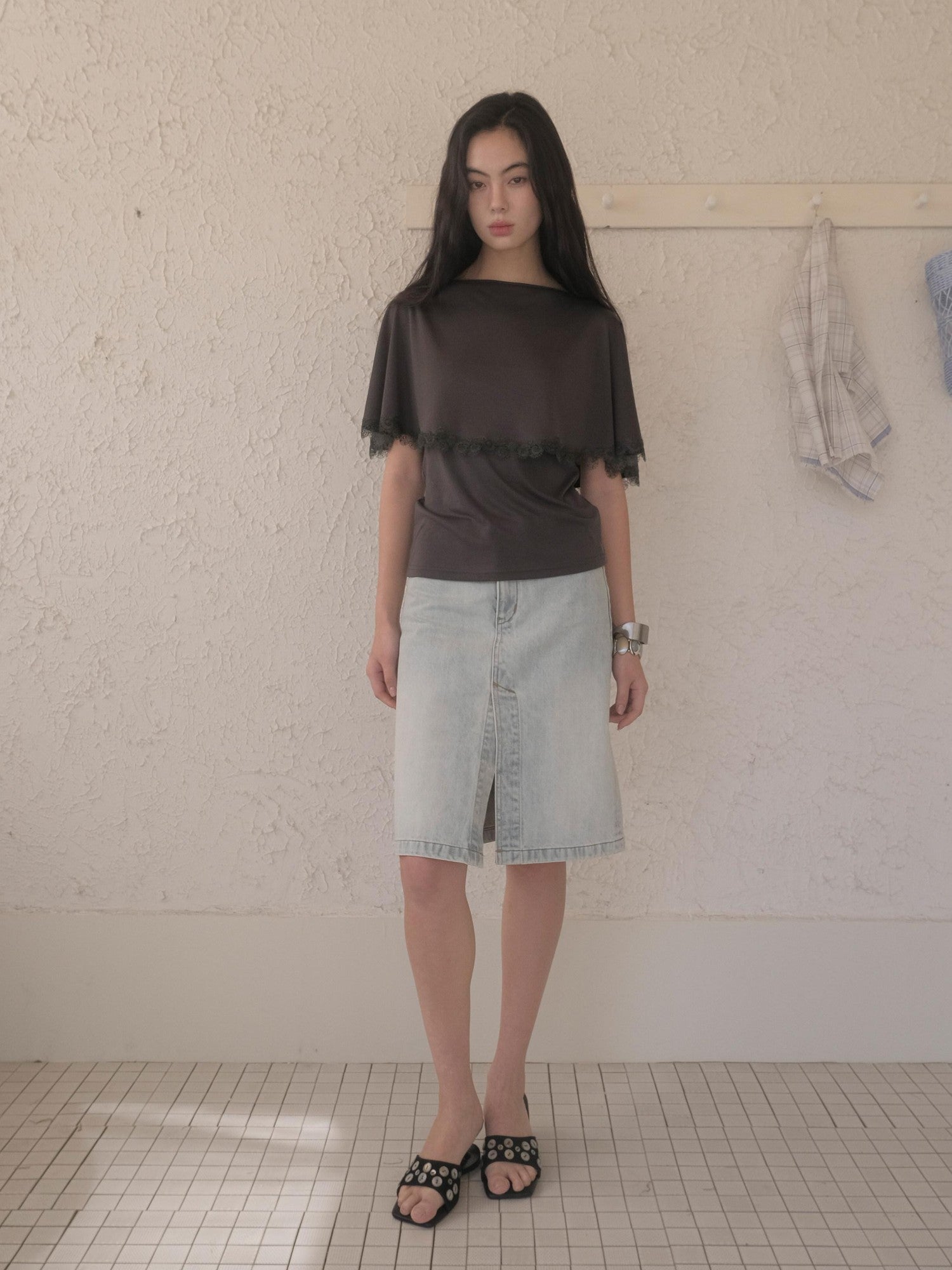 DKZ OFFICIAL Vintage Washed Denim Button Front Slit Straight Women&