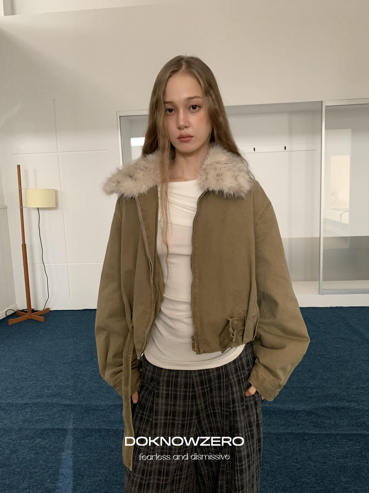 DKZ OFFICIAL Vintage Washed Detachable Fur Collar Women&
