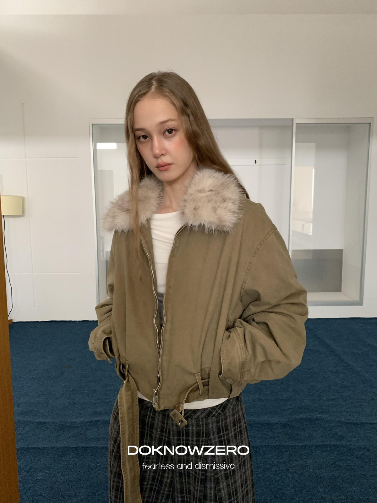 DKZ OFFICIAL Vintage Washed Detachable Fur Collar Women&