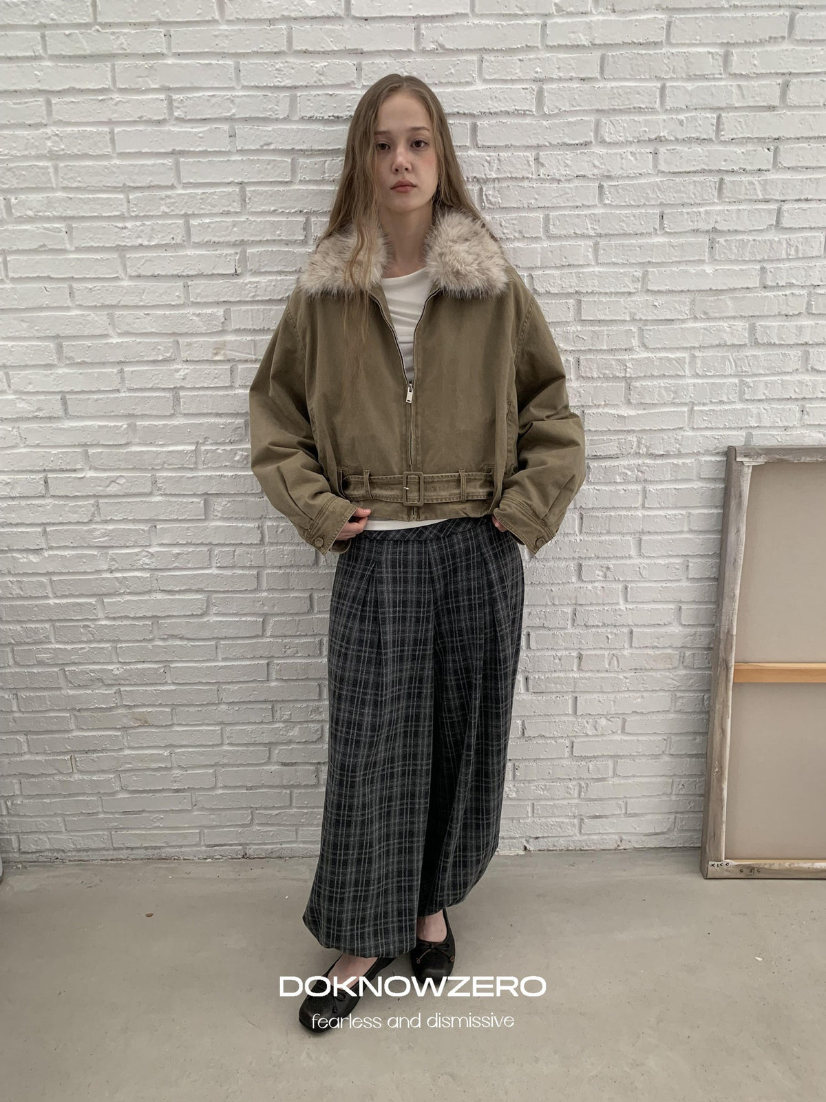 DKZ OFFICIAL Vintage Washed Detachable Fur Collar Women&
