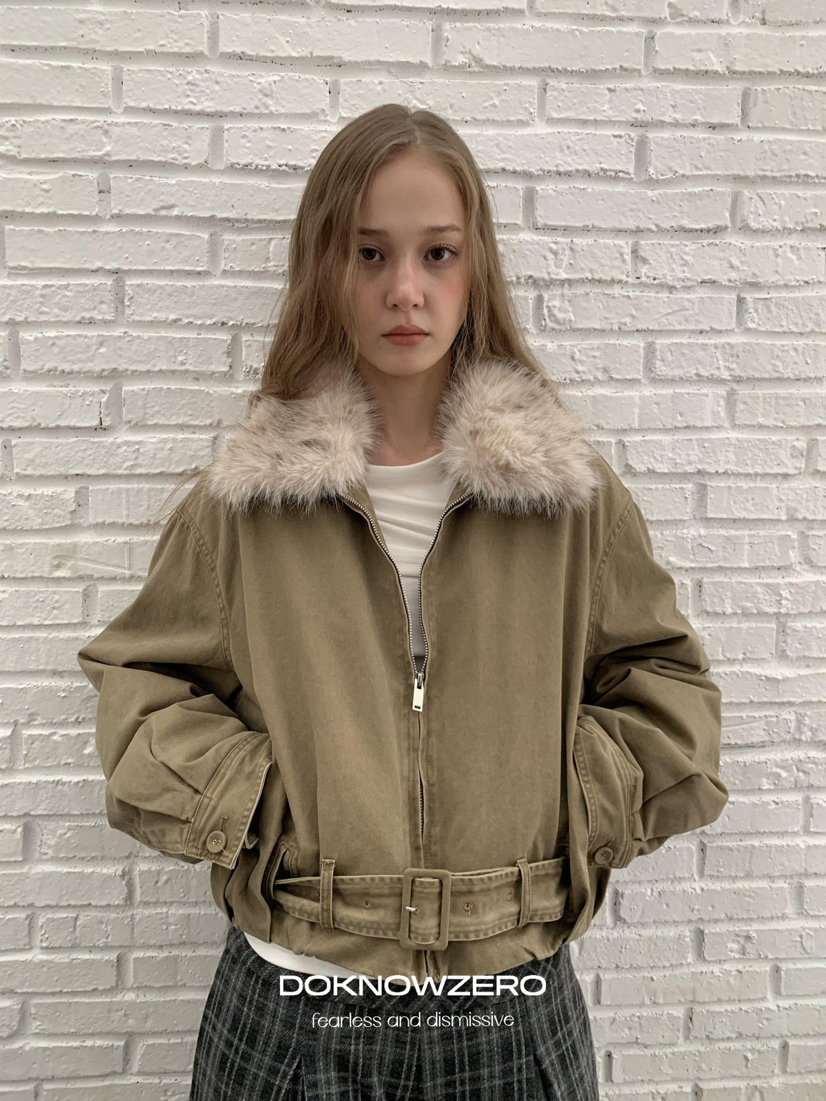 DKZ OFFICIAL Vintage Washed Detachable Fur Collar Women&