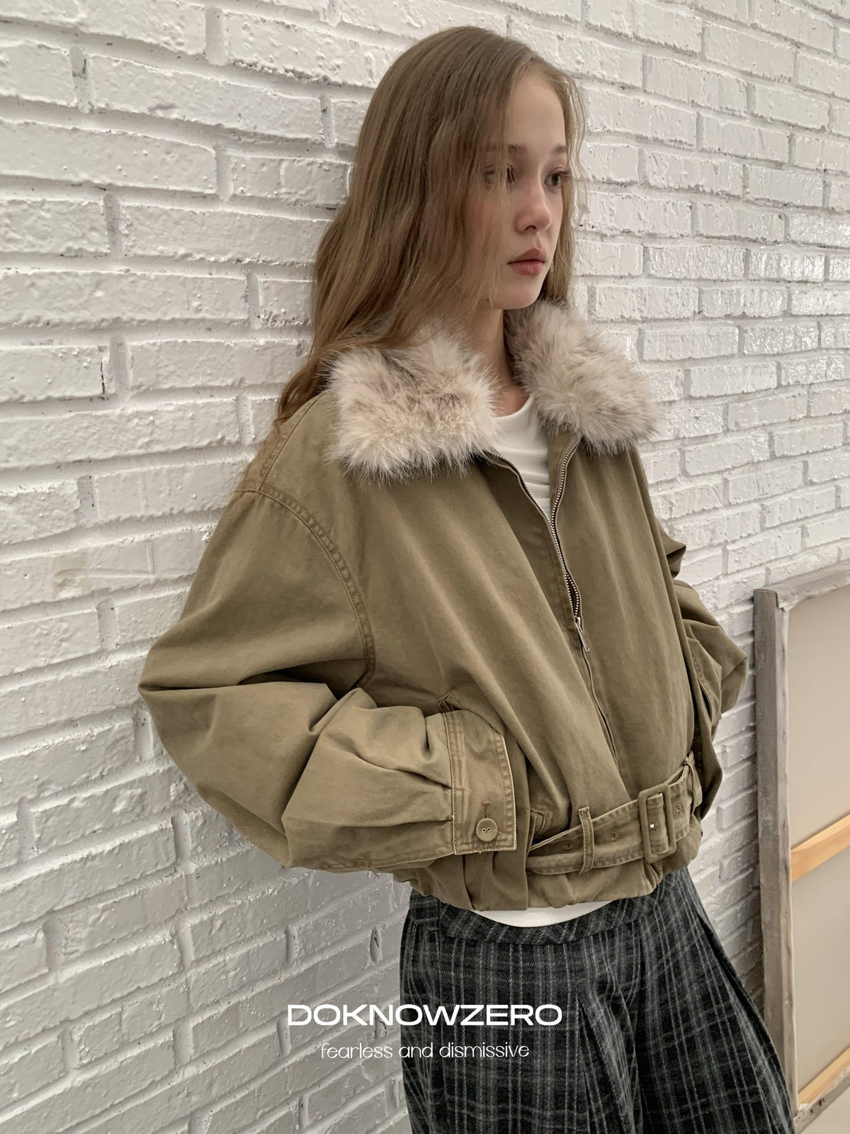 DKZ OFFICIAL Vintage Washed Detachable Fur Collar Women&