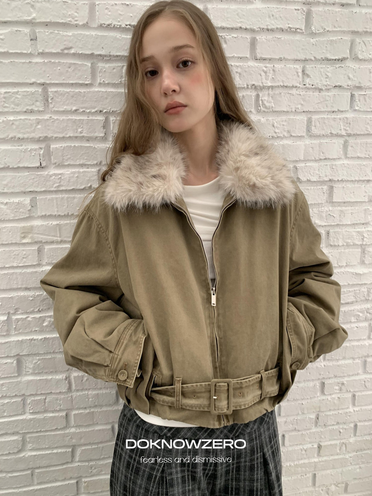 DKZ OFFICIAL Vintage Washed Detachable Fur Collar Women&