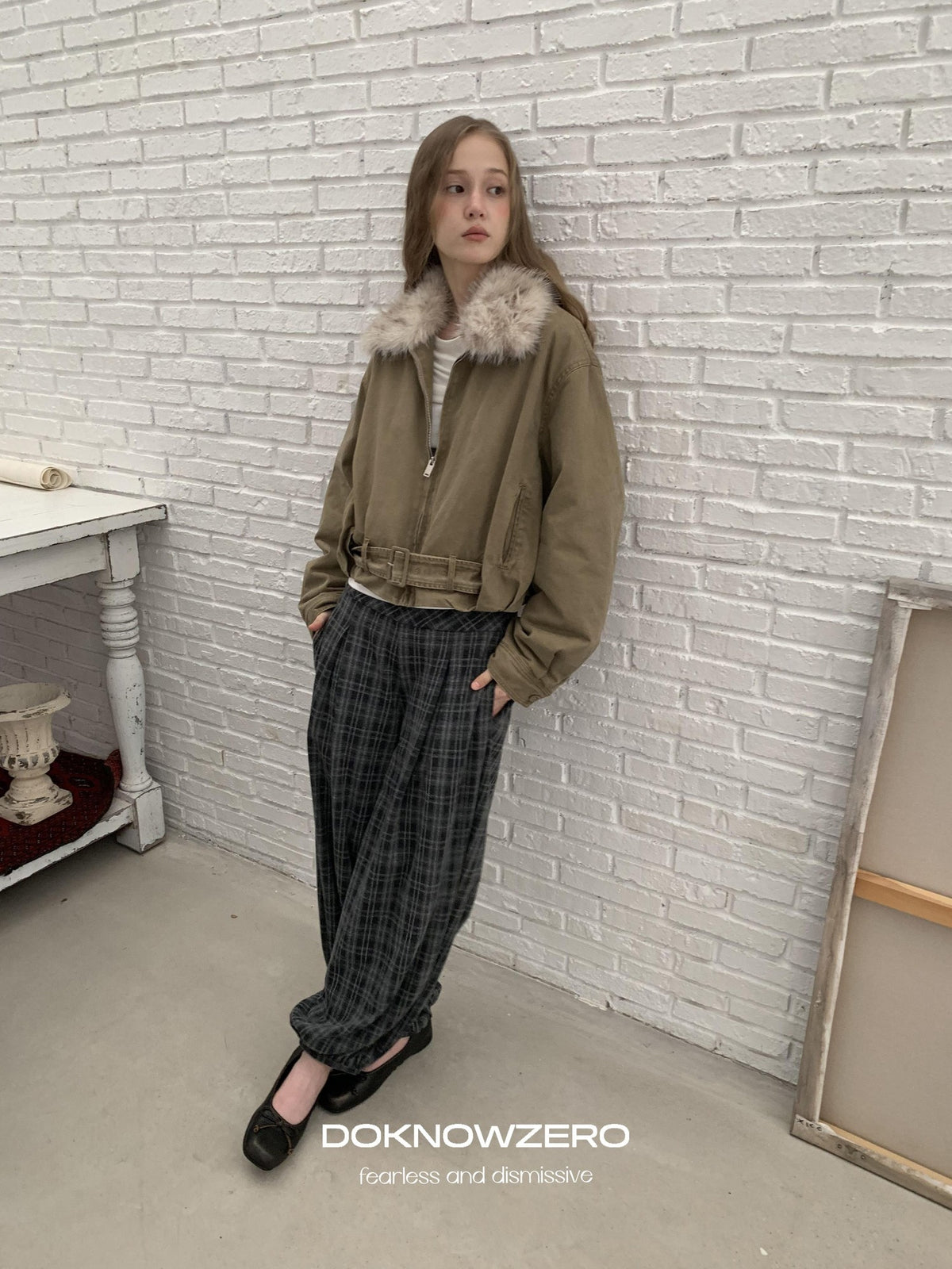 DKZ OFFICIAL Vintage Washed Detachable Fur Collar Women&