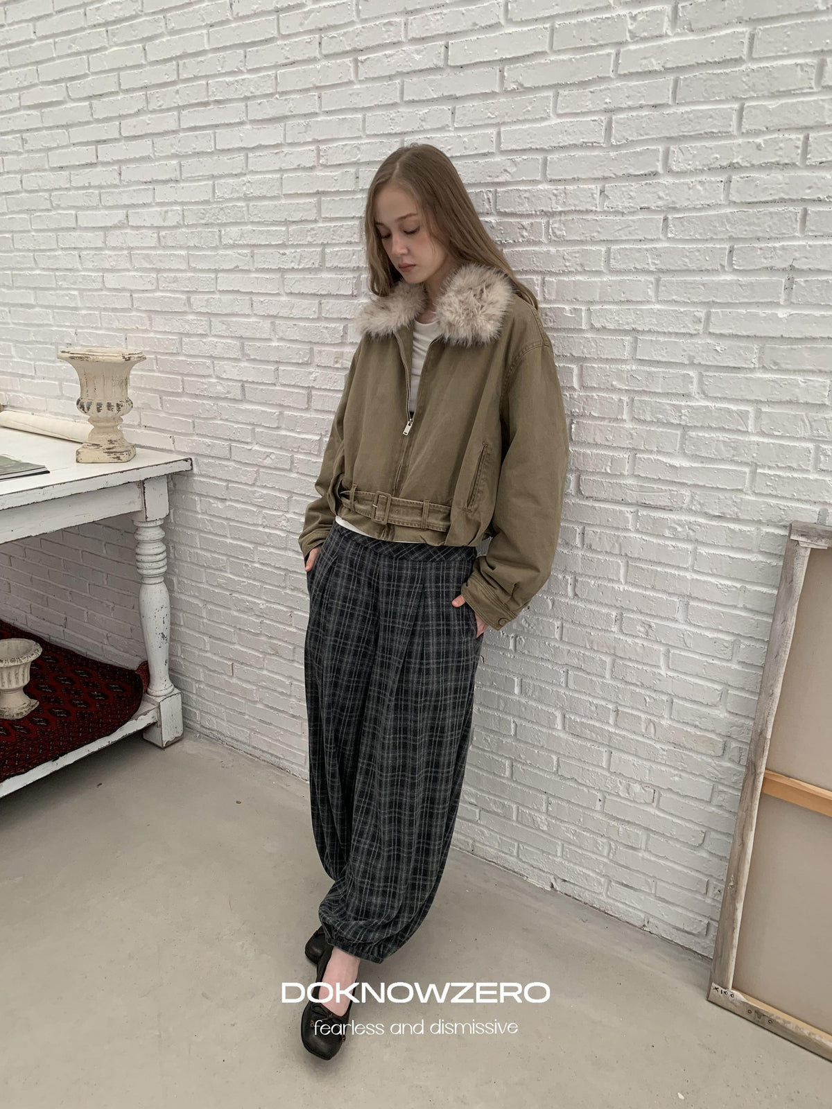 DKZ OFFICIAL Vintage Washed Detachable Fur Collar Women&