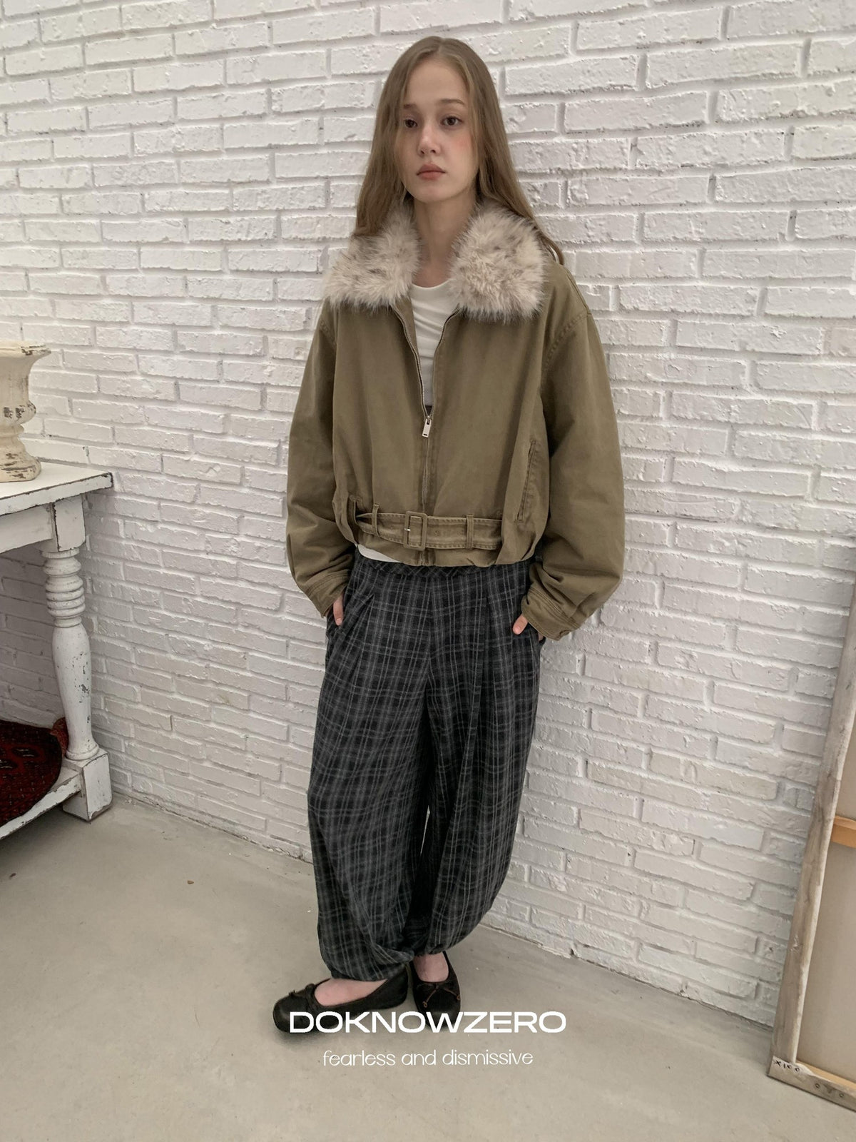 DKZ OFFICIAL Vintage Washed Detachable Fur Collar Women&