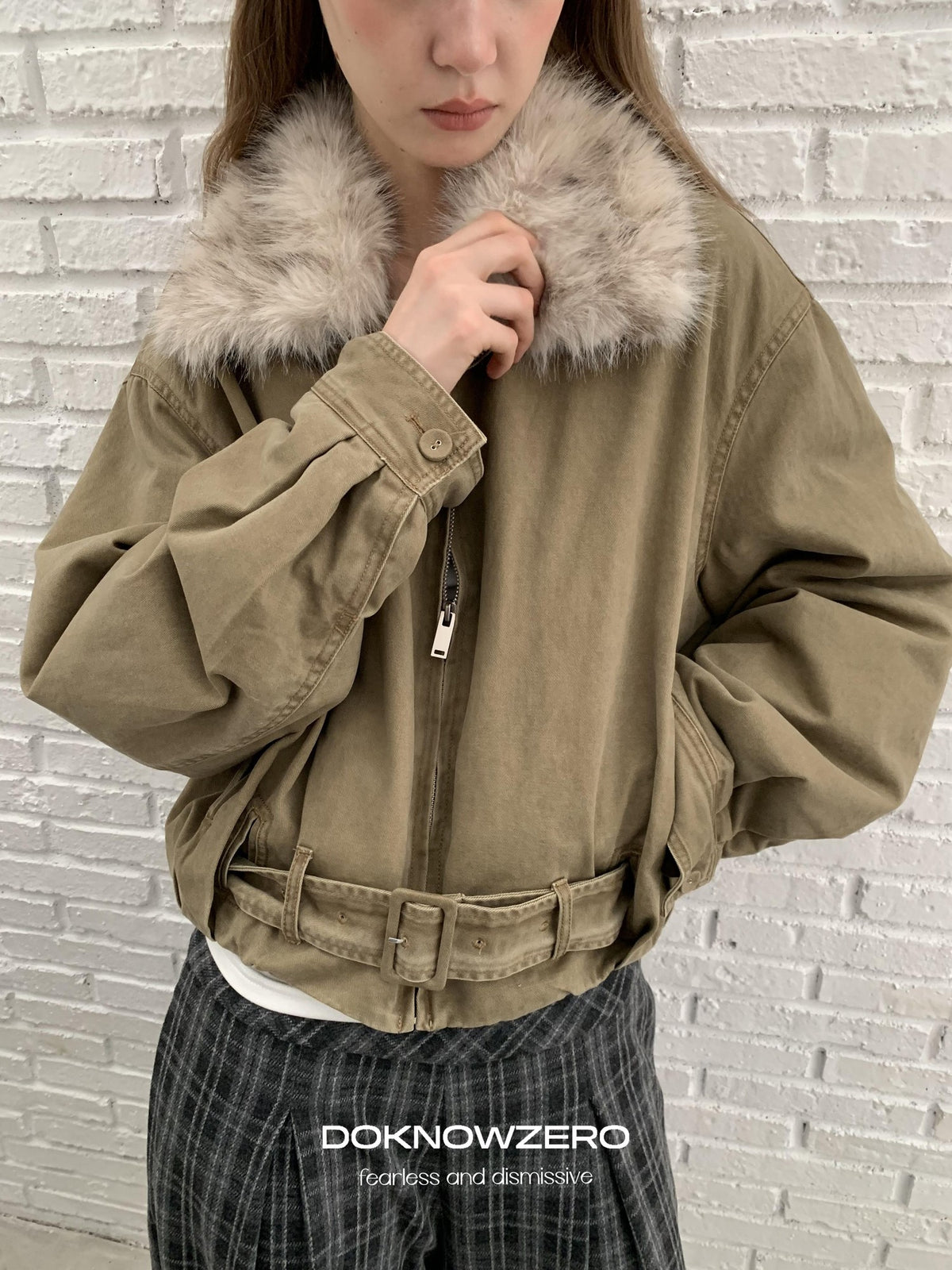 DKZ OFFICIAL Vintage Washed Detachable Fur Collar Women&