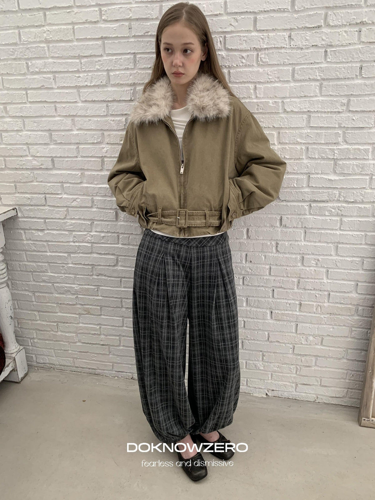 DKZ OFFICIAL Vintage Washed Detachable Fur Collar Women&