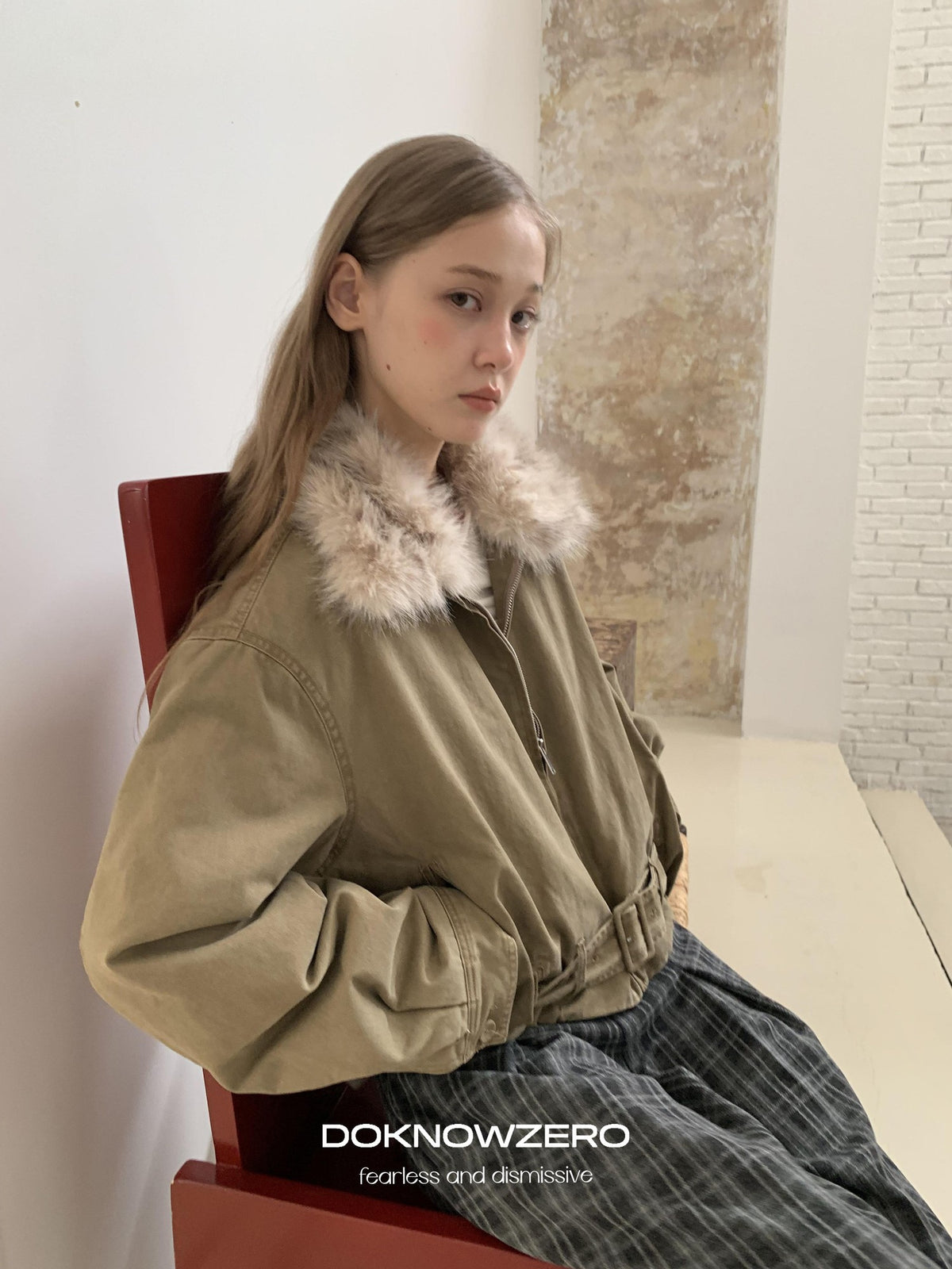 DKZ OFFICIAL Vintage Washed Detachable Fur Collar Women&