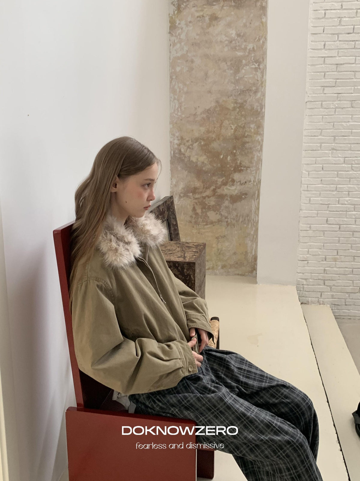 DKZ OFFICIAL Vintage Washed Detachable Fur Collar Women&