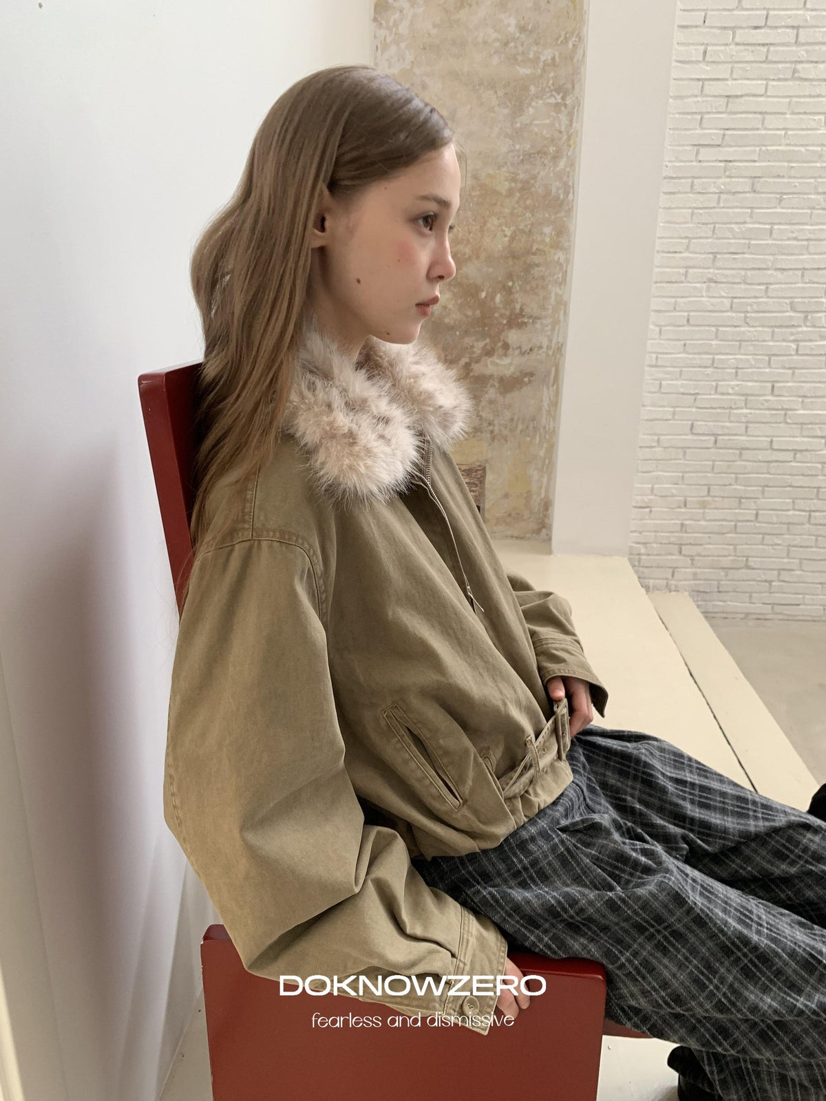 DKZ OFFICIAL Vintage Washed Detachable Fur Collar Women&