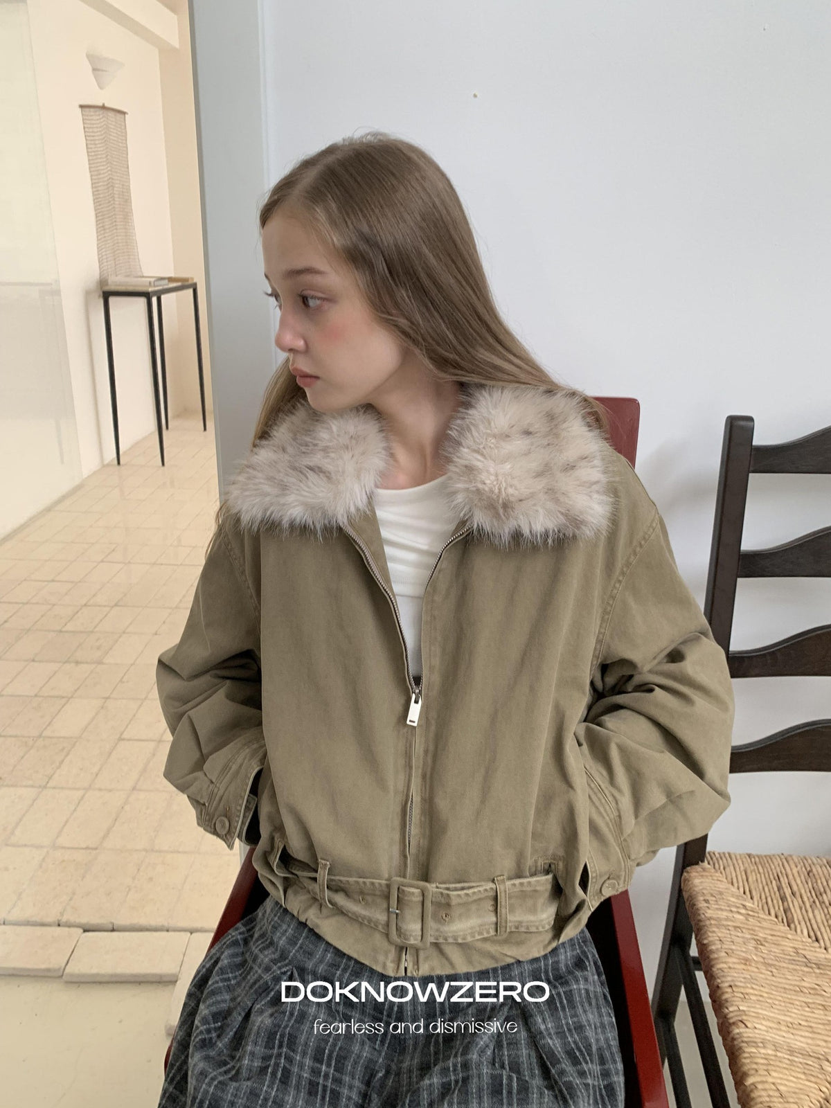DKZ OFFICIAL Vintage Washed Detachable Fur Collar Women&