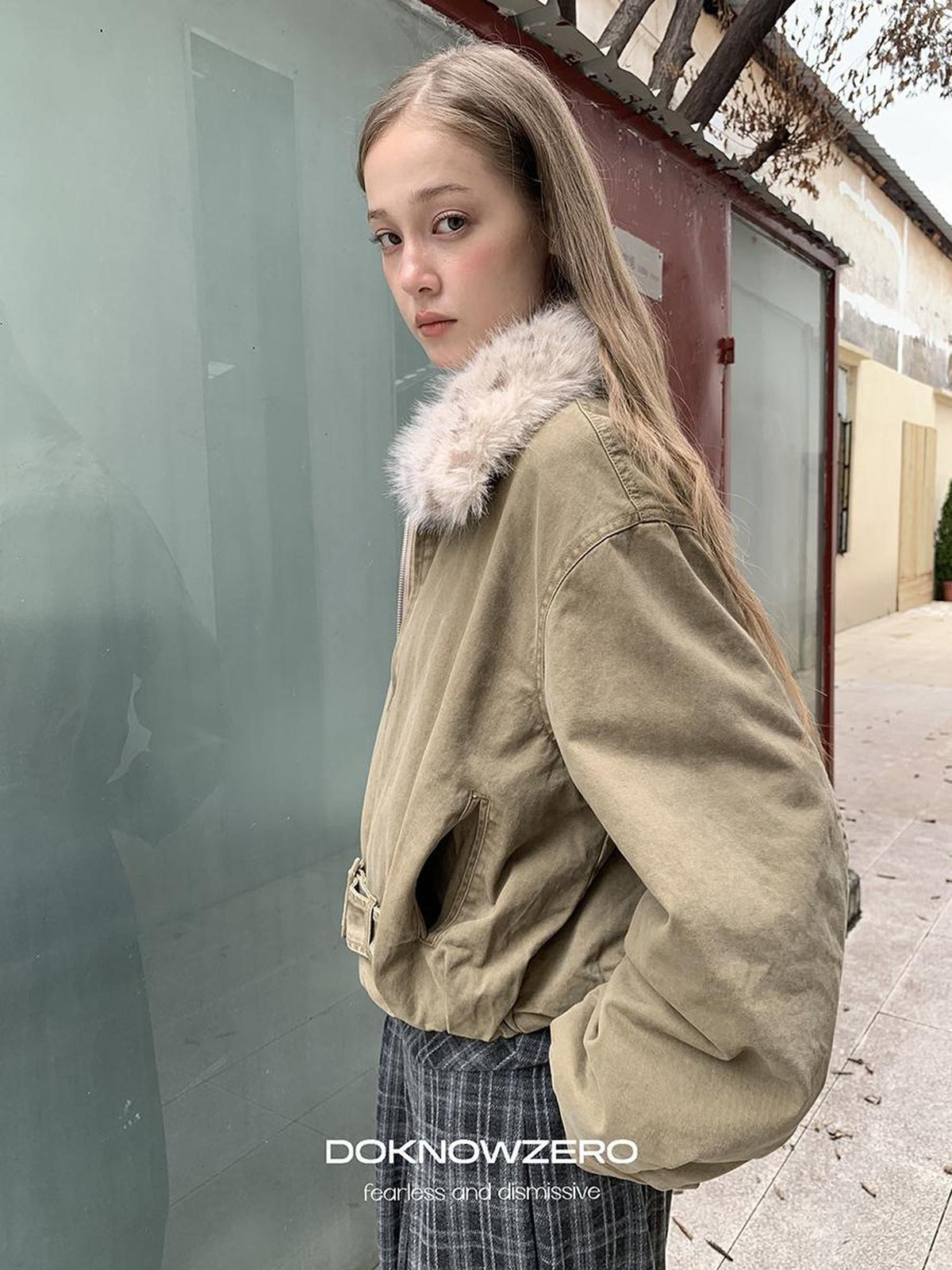 DKZ OFFICIAL Vintage Washed Detachable Fur Collar Women&