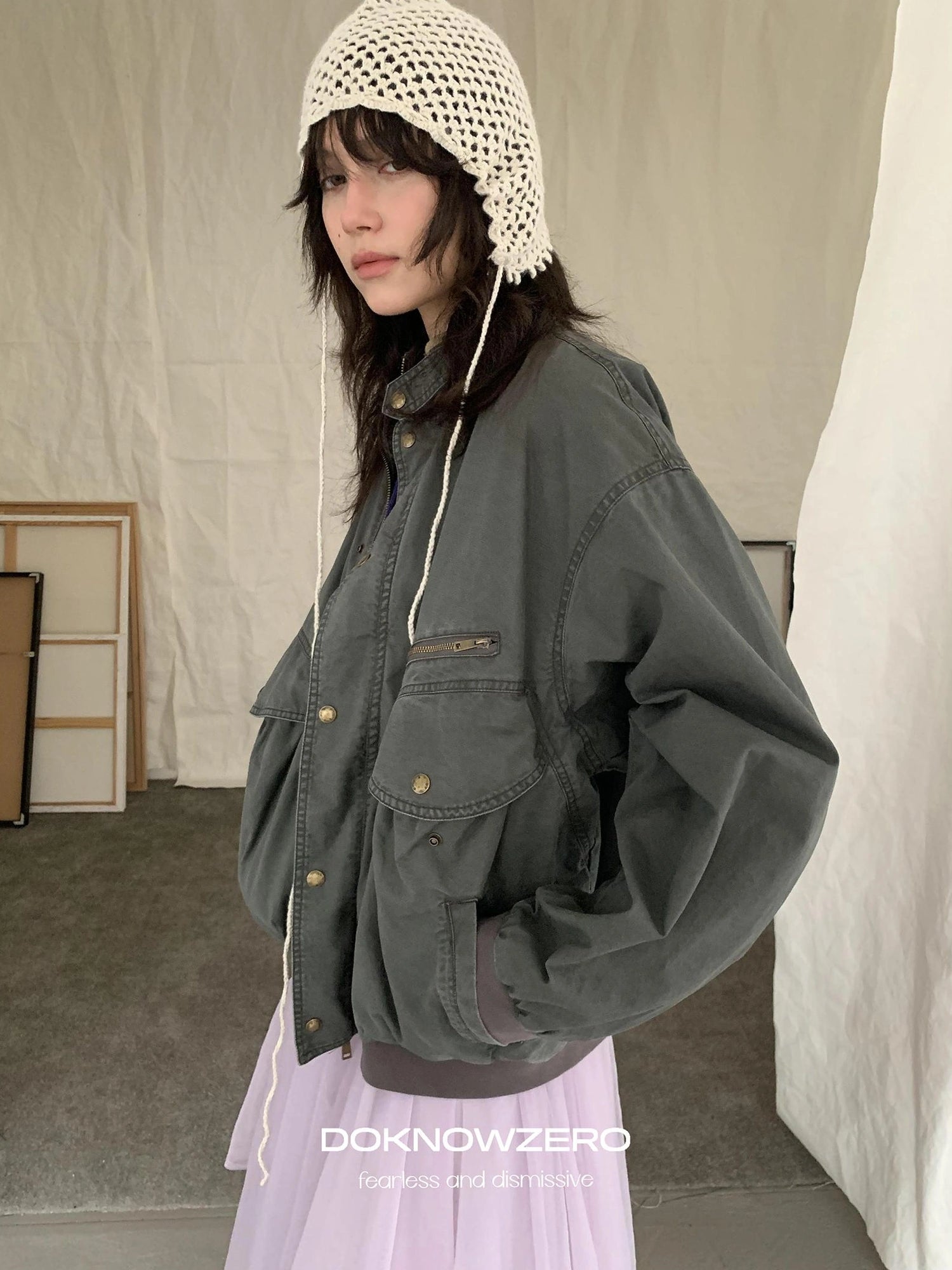 DKZ OFFICIAL Vintage Washed Multi Pocket Women Jacket