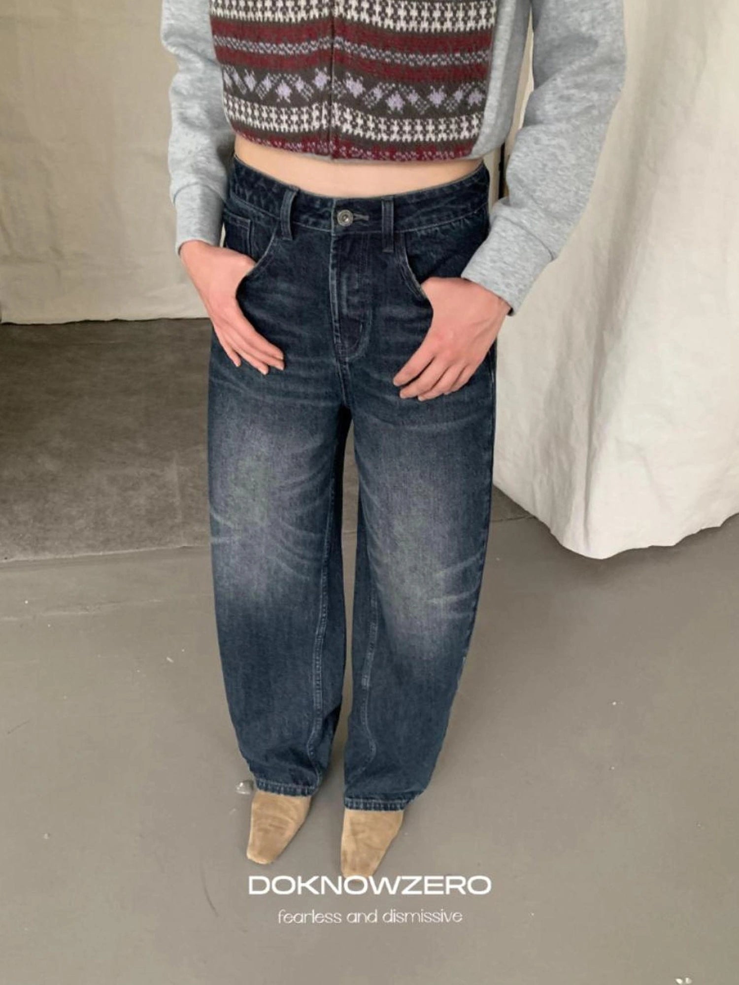 DKZ OFFICIAL Vintage Washed Wide Leg Denim Pants With Rivet Details