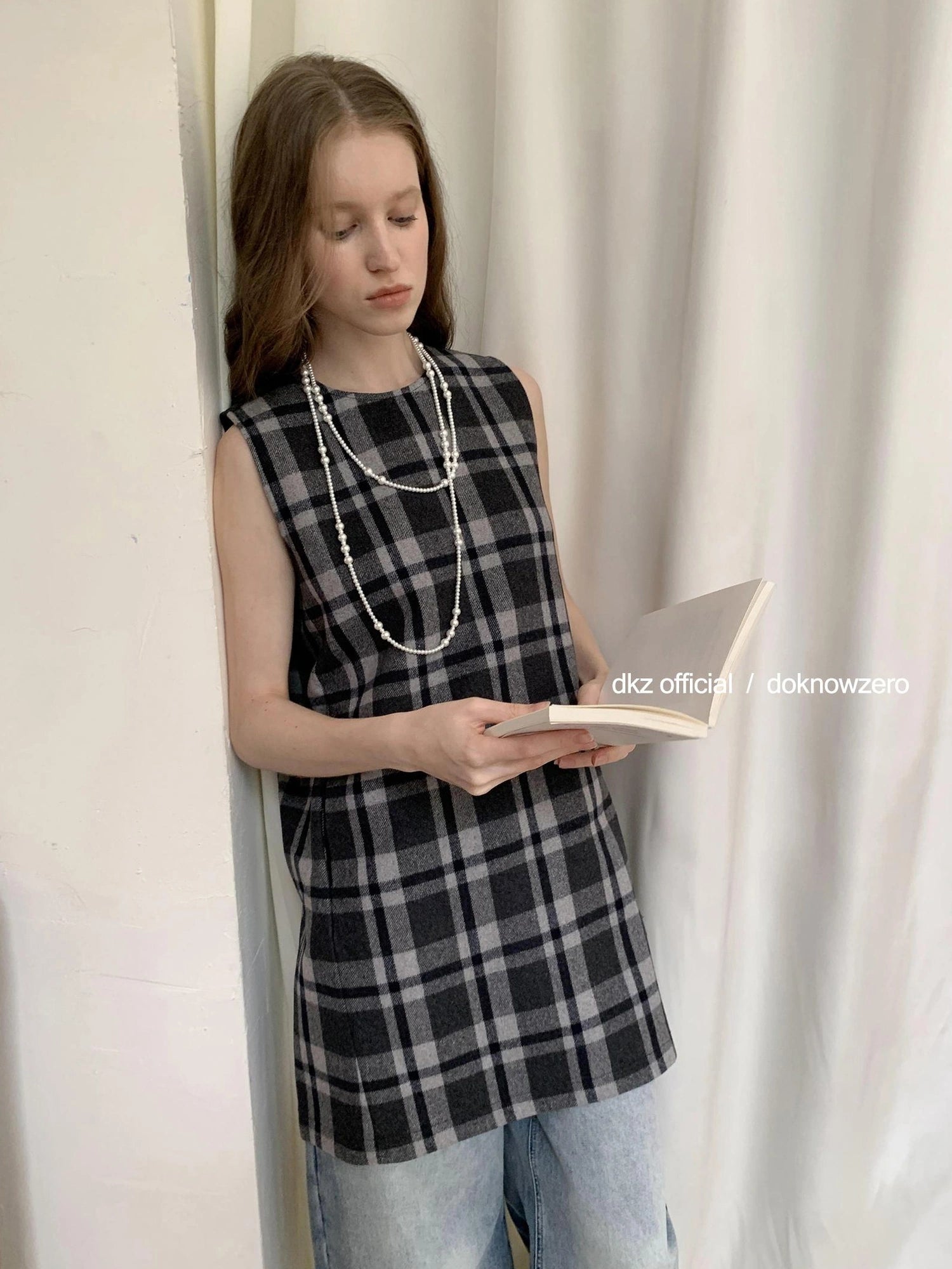 DKZ OFFICIAL Vintage Wool Plaid A Line Vest Dress With V-neck