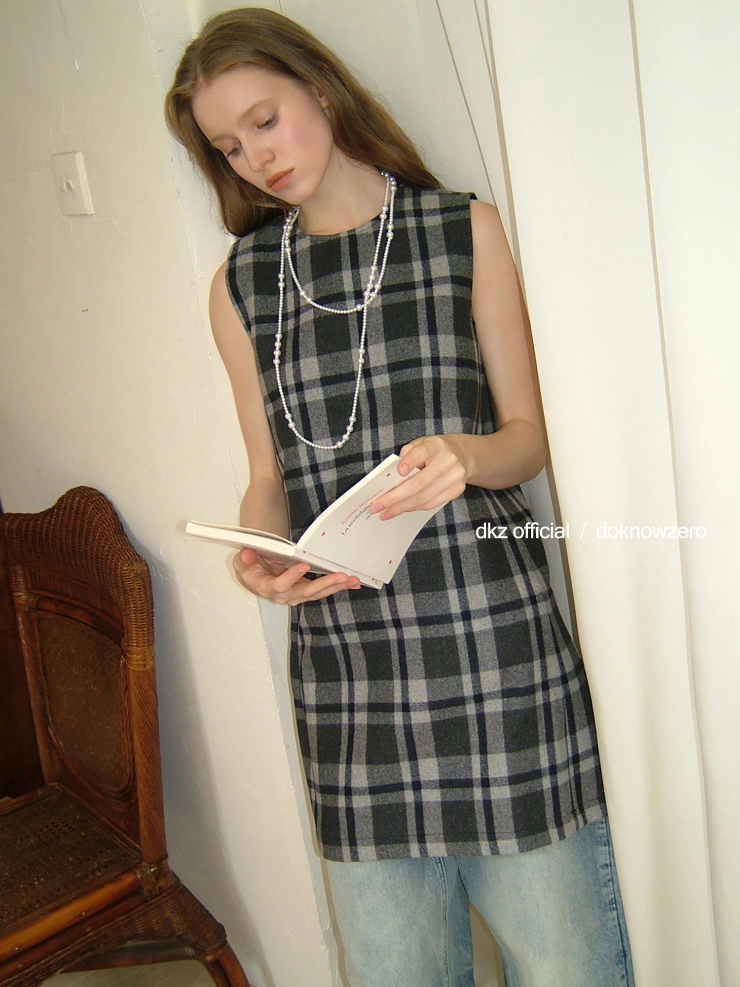 DKZ OFFICIAL Vintage Wool Plaid A Line Vest Dress With V-neck