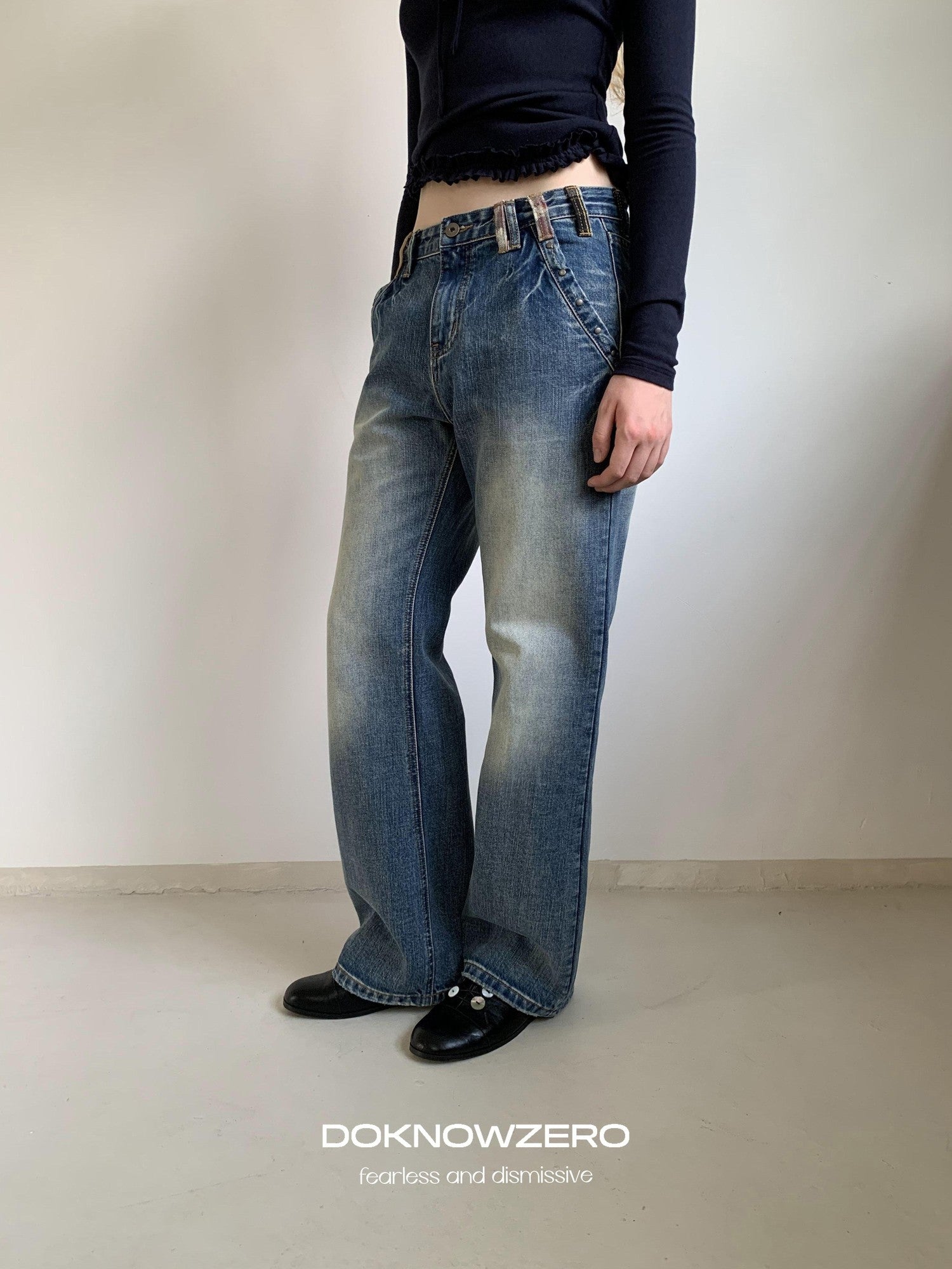 DKZ OFFICIAL Washed Blue Distressed Patch Pocket Vintage Women&