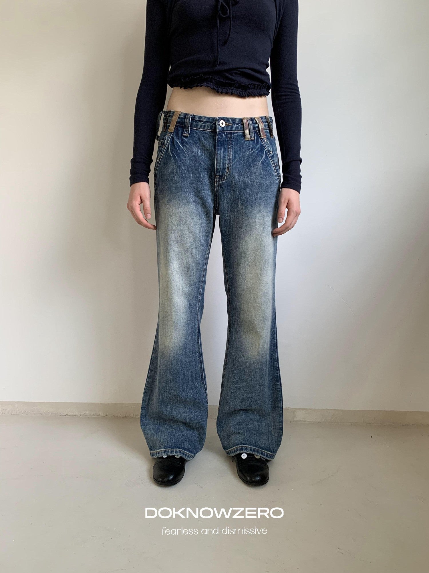 DKZ OFFICIAL Washed Blue Distressed Patch Pocket Vintage Women&