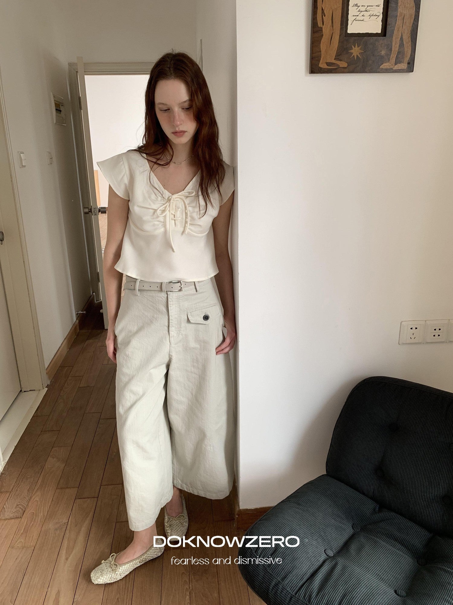 DKZ OFFICIAL Washed Cargo Belted Loose Retro Straight Women&